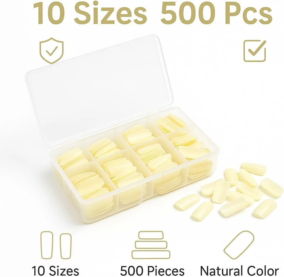 مجموعه ۵۰۰ عددی تیپ ناخن (شفاف و طبیعی)، پوشش کامل مربعی، ۱۰ سایز ۰-۹ با جعبه نگهداری - تیپ ناخن مصنوعی حرفه ای برای اکریلیک/ژل/فشاری
