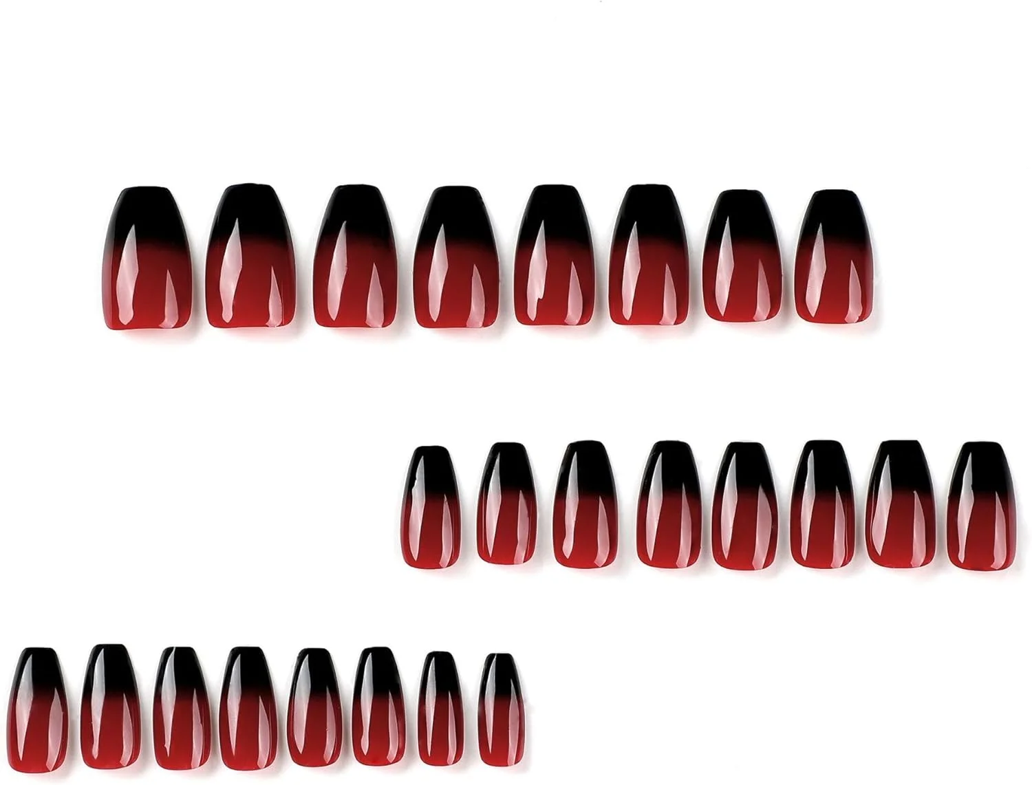 24 عدد ناخن مصنوعی کوتاه تابوتی، مشکی قرمز آمبره، ناخن های چسبی بالرین، ناخن های قابل جابجایی چسبی، ست ناخن های مصنوعی پوشش کامل اکریلیک، لوازم جانبی طراحی ناخن زنانه