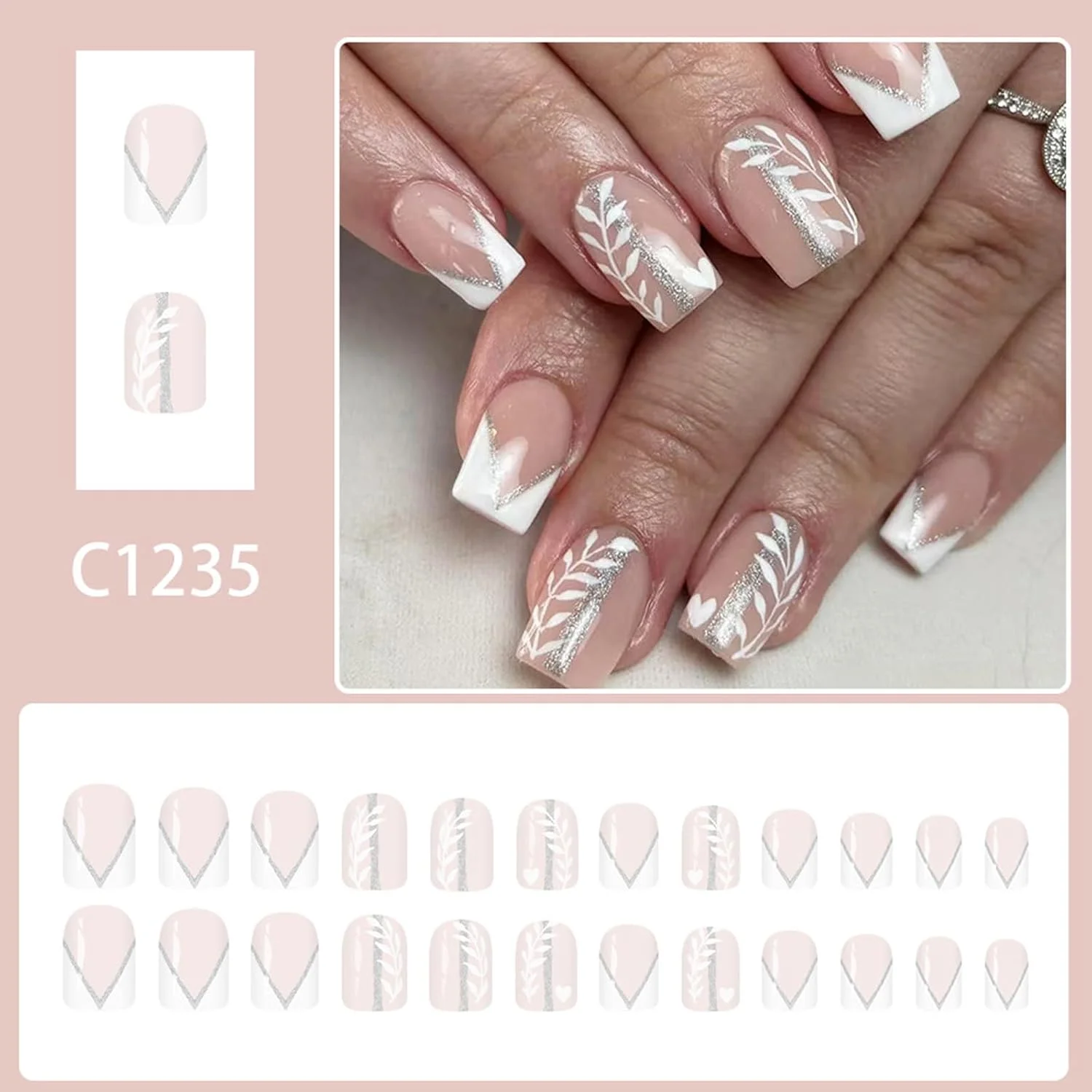 ناخن مصنوعی سفید براق اکلیلی 24 عددی، طراحی فرانسوی مربعی با پوشش دوگانه، نوک ABS قابل استفاده مجدد، ست ناخن مصنوعی ABS