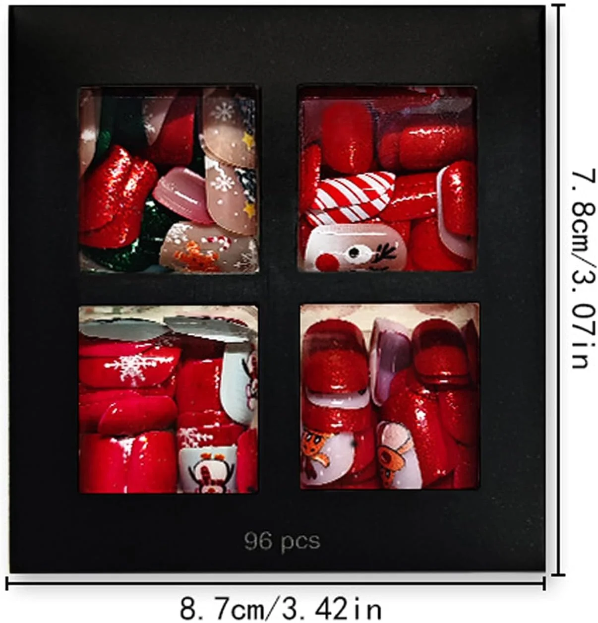 ست ناخن مصنوعی 96 عددی کریسمس، ناخن های چسبی اکلیلی قرمز و سبز با دانه های برف برای مانیکور مهمانی تعطیلات، ناخن های چسبی اکلیلی قرمز و سبز دانه های برف سفید