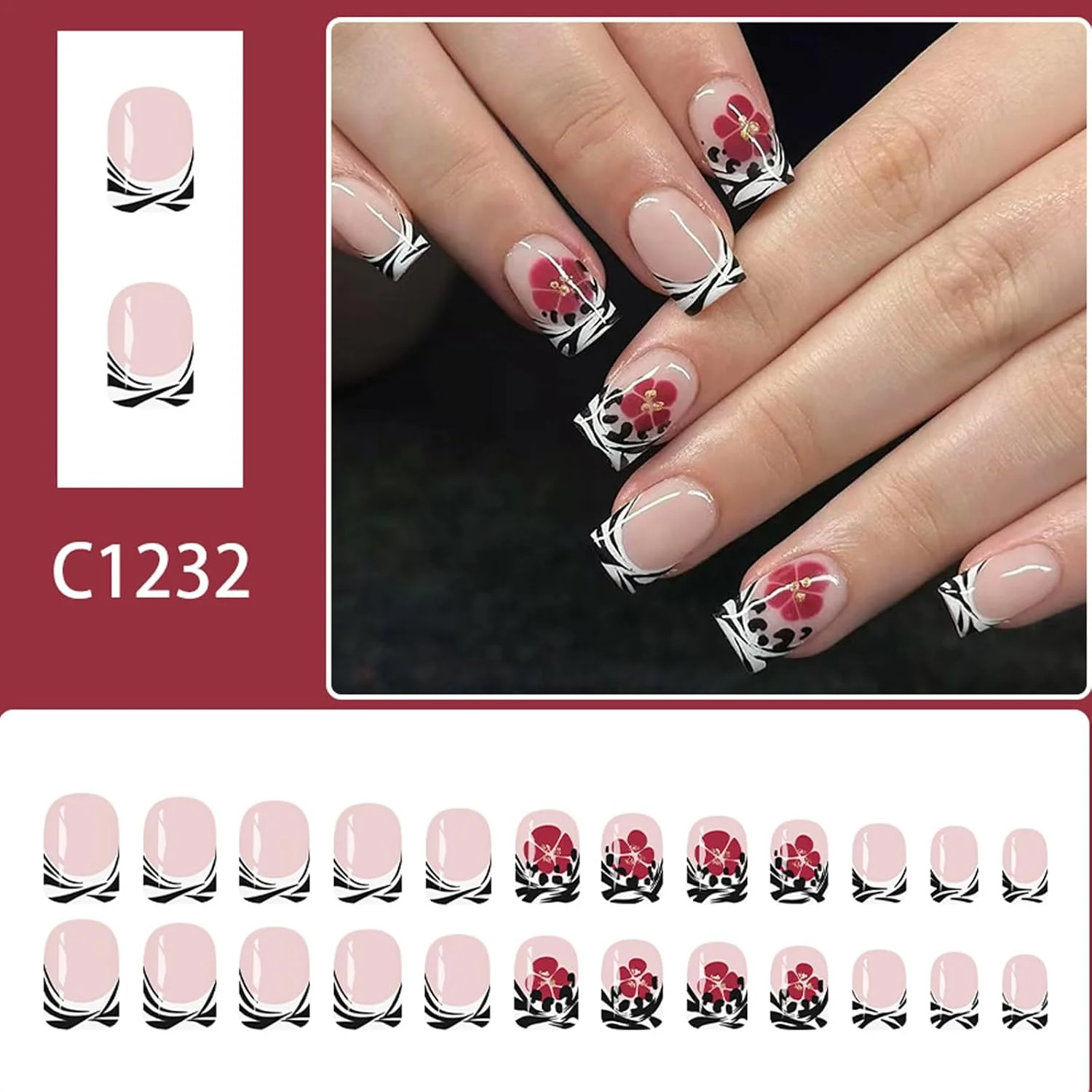 ناخن مصنوعی پاییزی زمستانی 24 عددی با طرح راه راه مشکی، گل های قرمز و اکلیل، مناسب مانیکور با سایزهای مختلف برای مهمانی ها و اداره