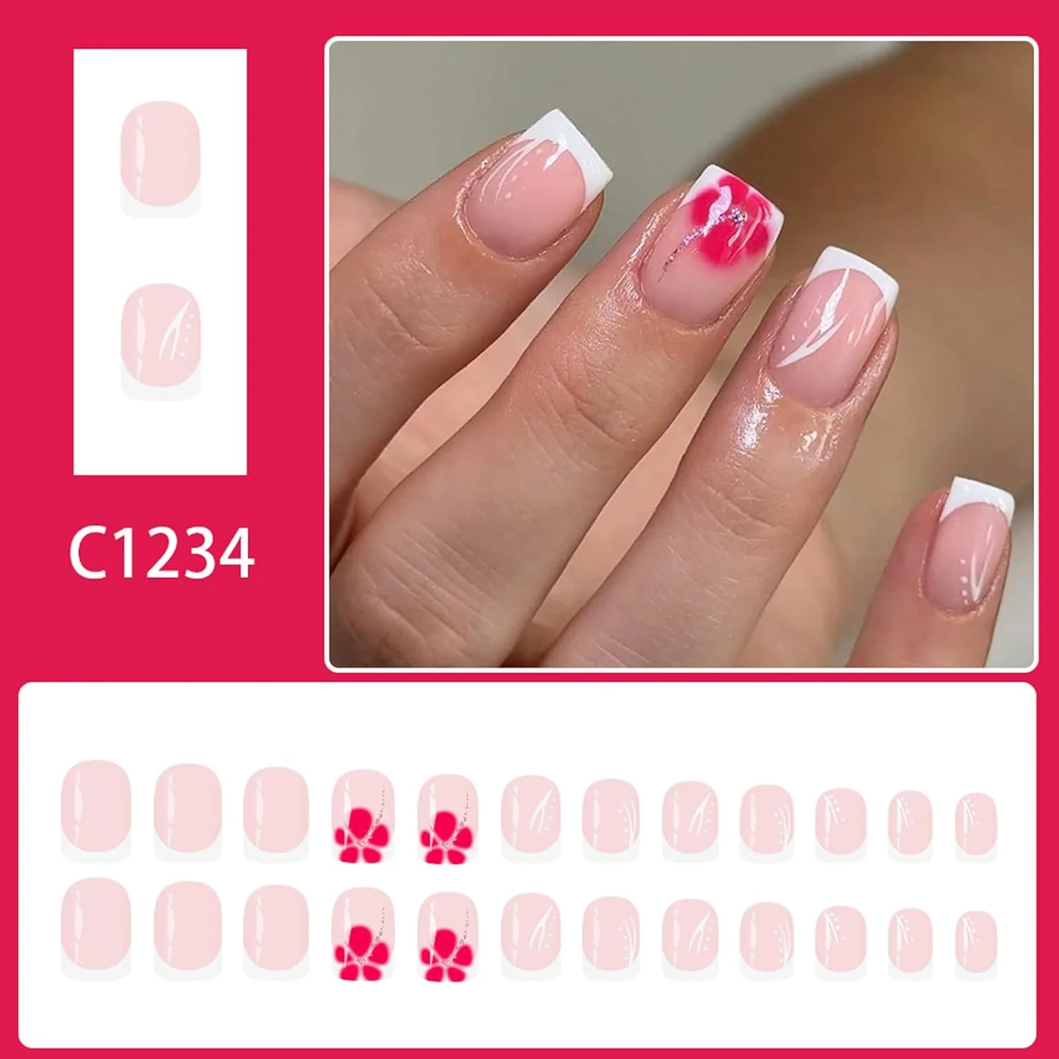 ناخن مصنوعی سفید اکلیلی، 24 عددی، طرح فرانسوی مربعی کوتاه، ناخن های مصنوعی ABS مات با ظاهر طبیعی مناسب استفاده روزانه، ناخن مصنوعی فرانسوی براق