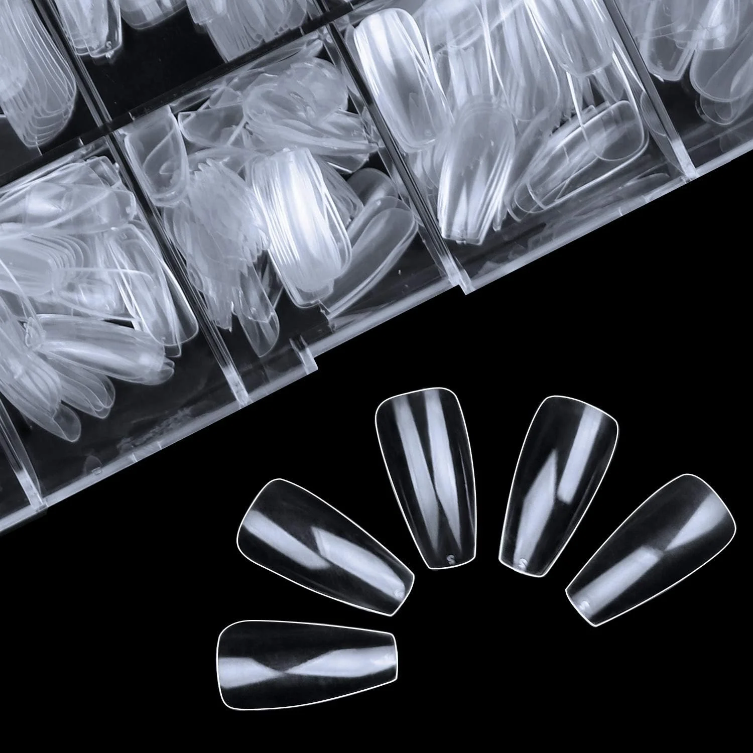 ECBASKET ناخن های اکریلیک تابوتی شفاف - 500 عدد تیپ ناخن بالرینی پوشش کامل، ناخن های مصنوعی باله ای شکل در 10 سایز