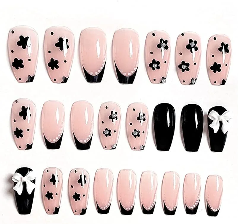 ناخن مصنوعی ELECDON، ناخن های براق با طراحی متوسط، ناخن های اکریلیک صورتی، چسب ناخن مصنوعی، ناخن مصنوعی با پاپیون گل برای تزئین ناخن (24 عدد)