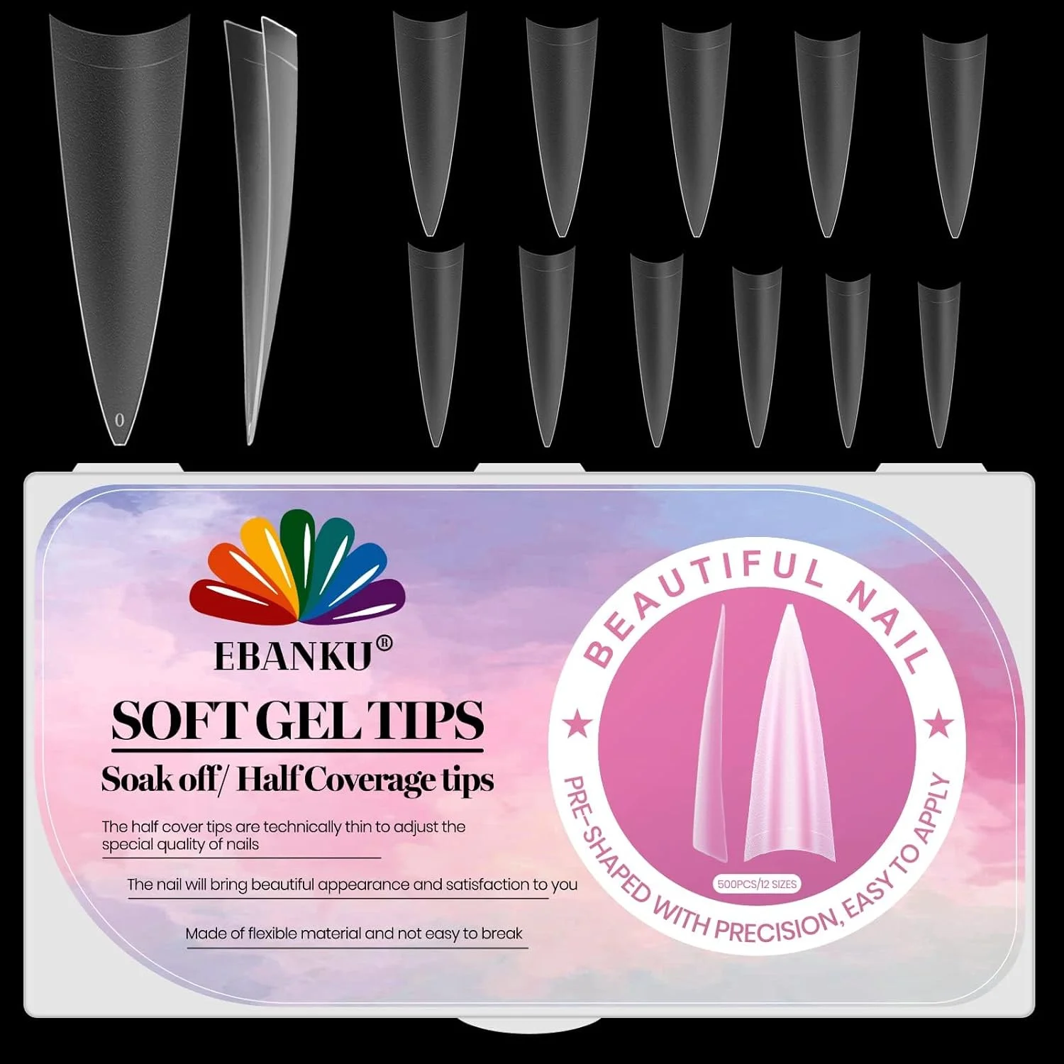 ۵۰۰ عدد تیپ ناخن EBANKU، تیپ ناخن ژلی نرم با پوشش نیمه مات و شفاف برای اکستنشن ژل، مناسب برای کیت اکستنشن، ناخن مصنوعی اکریلیک برای طراحی ناخن DIY، ۱۲ سایز (مدل A)
