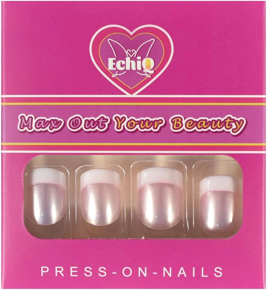 ناخن مصنوعی فرنچ صورتی صدفی EchiQ مناسب استفاده روزانه، ناخن های گرد سفید کوتاه براق ساتن، مناسب بانوان به همراه چسب