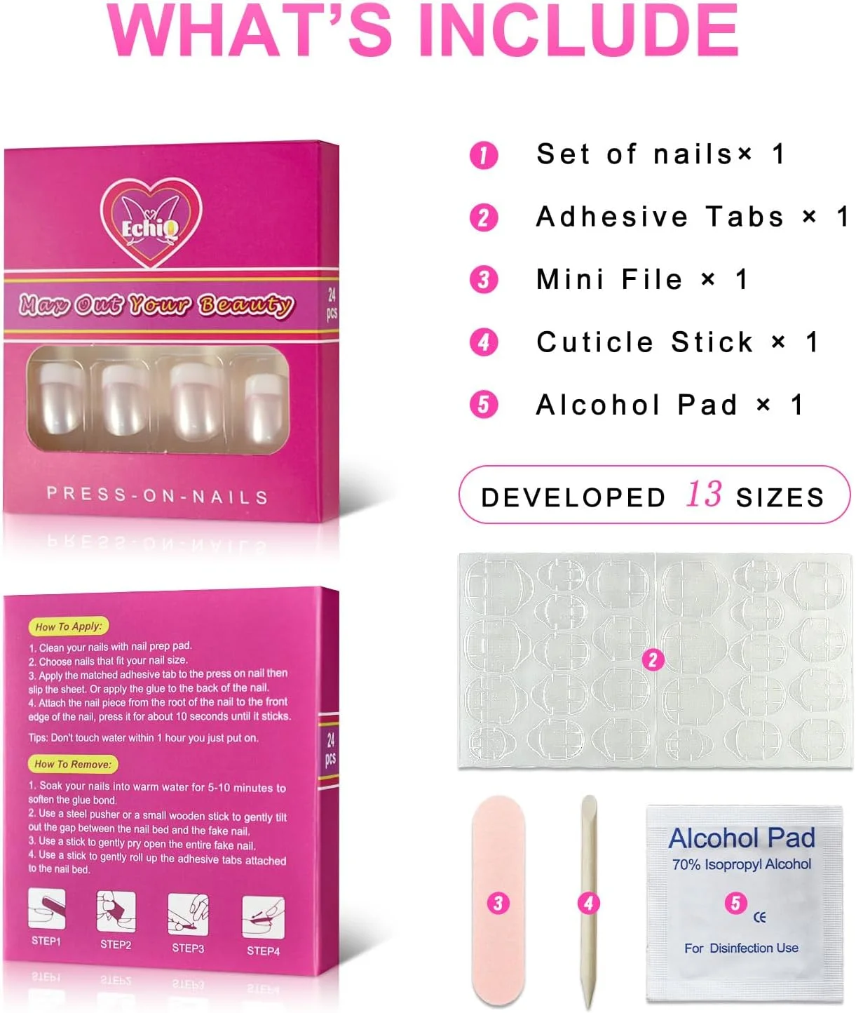 ناخن مصنوعی فرنچ صورتی صدفی EchiQ مناسب استفاده روزانه، ناخن های گرد سفید کوتاه براق ساتن، مناسب بانوان به همراه چسب