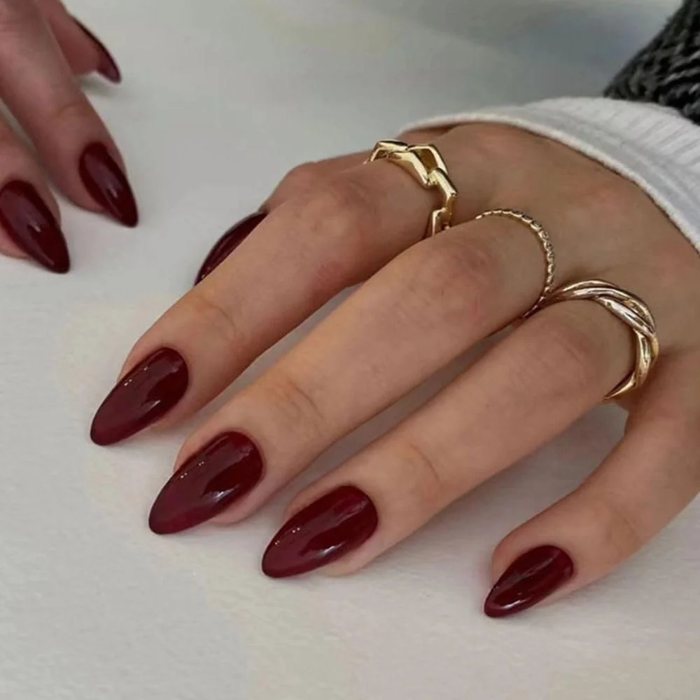 ناخن مصنوعی 30 عددی بادامی بلند، رنگ گیلاسی، نوک ناخن جداشدنی، مناسب برای طراحی ناخن