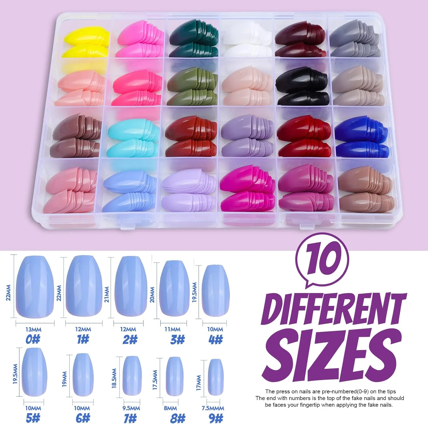 FANDAMEI بسته 24 عددی 576 تایی ناخن مصنوعی با طول متوسط، ناخن های مصنوعی براق با پوشش کامل، نوک ناخن مصنوعی کوتاه بالرین با چسب ناخن، برچسب های چسب ناخن، سوهان ناخن برای طراحی ناخن