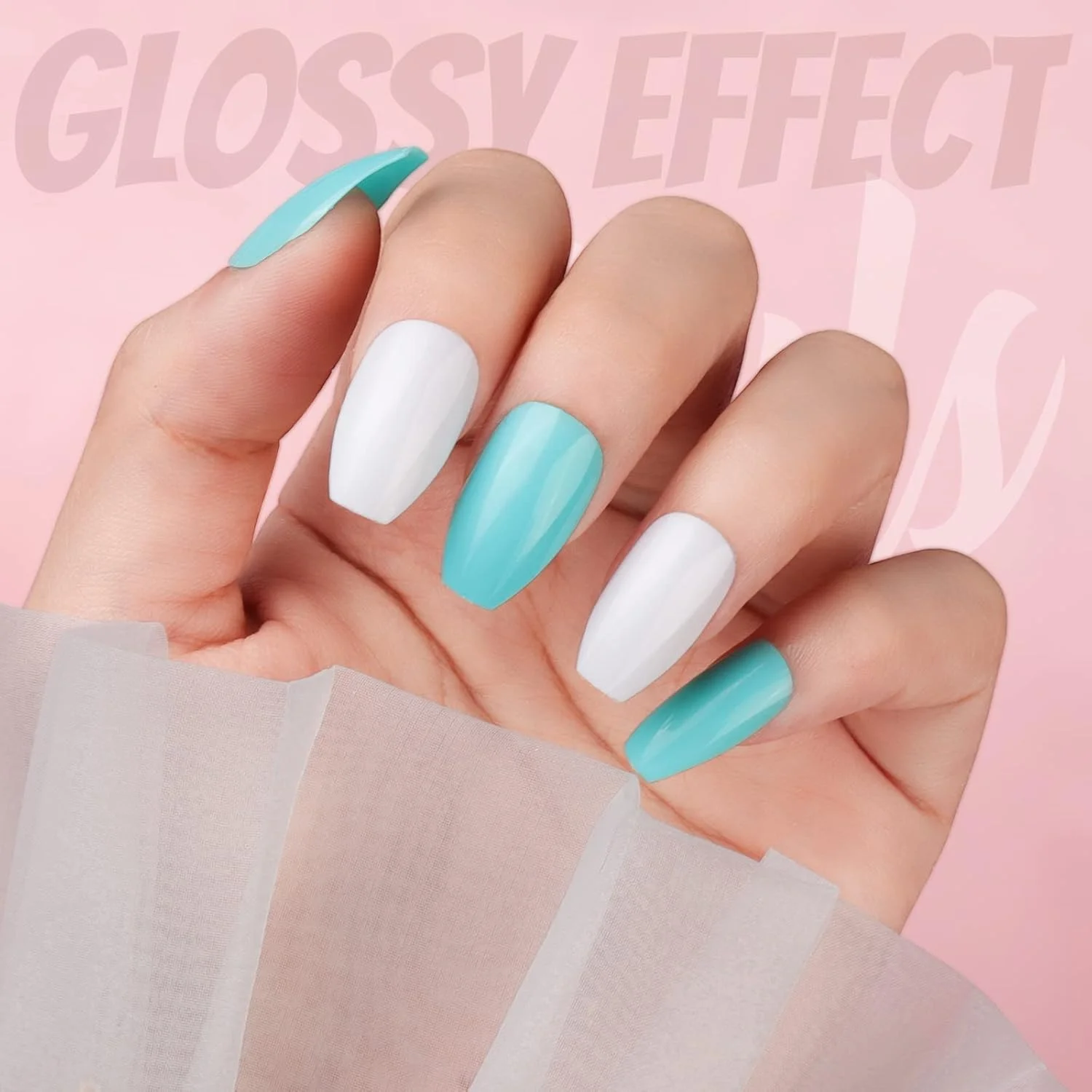 FANDAMEI بسته 24 عددی 576 تایی ناخن مصنوعی با طول متوسط، ناخن های مصنوعی براق با پوشش کامل، نوک ناخن مصنوعی کوتاه بالرین با چسب ناخن، برچسب های چسب ناخن، سوهان ناخن برای طراحی ناخن