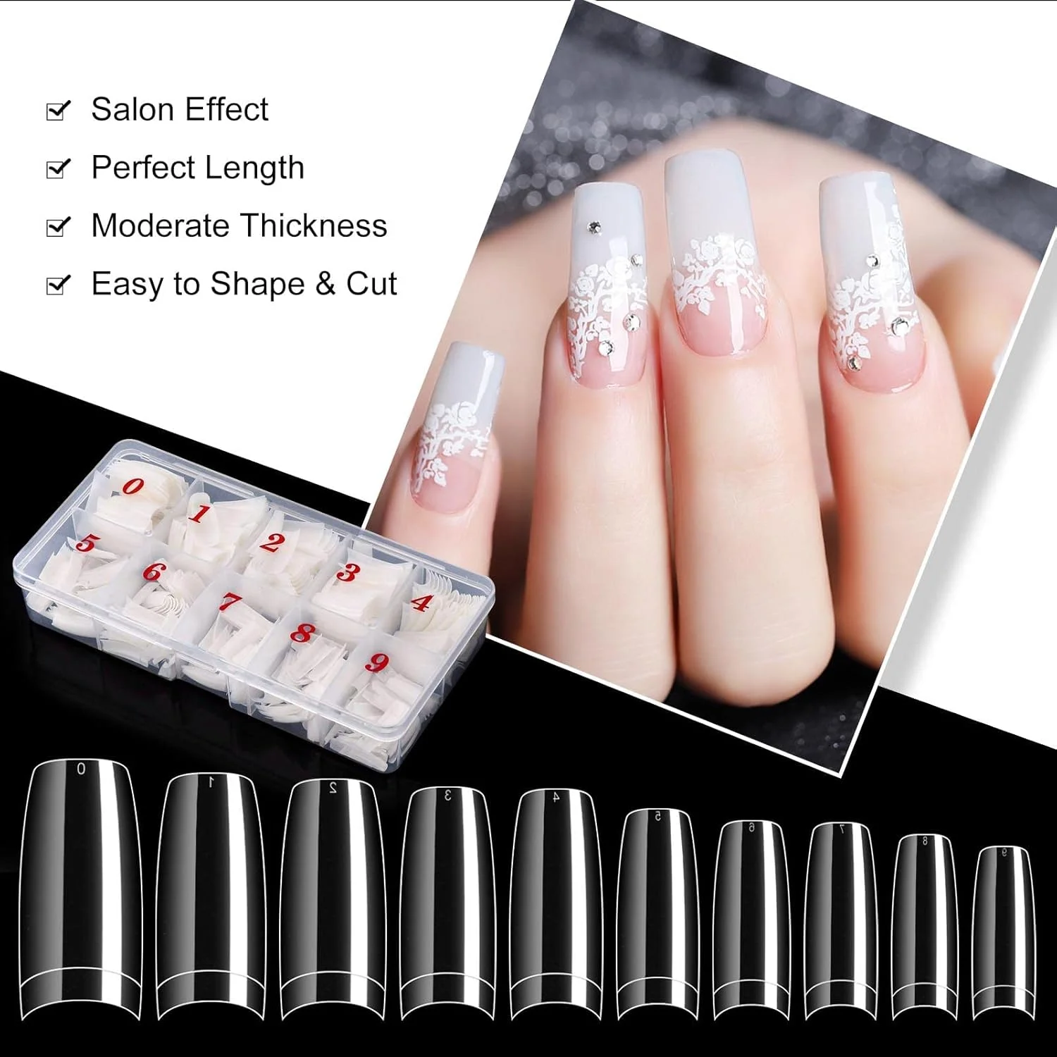اکسفور 1000 عدد تیپ ناخن مصنوعی نیمه پوشش، 10 سایز، مناسب طراحی ناخن در سالن ها و استفاده شخصی (طبیعی + شفاف)