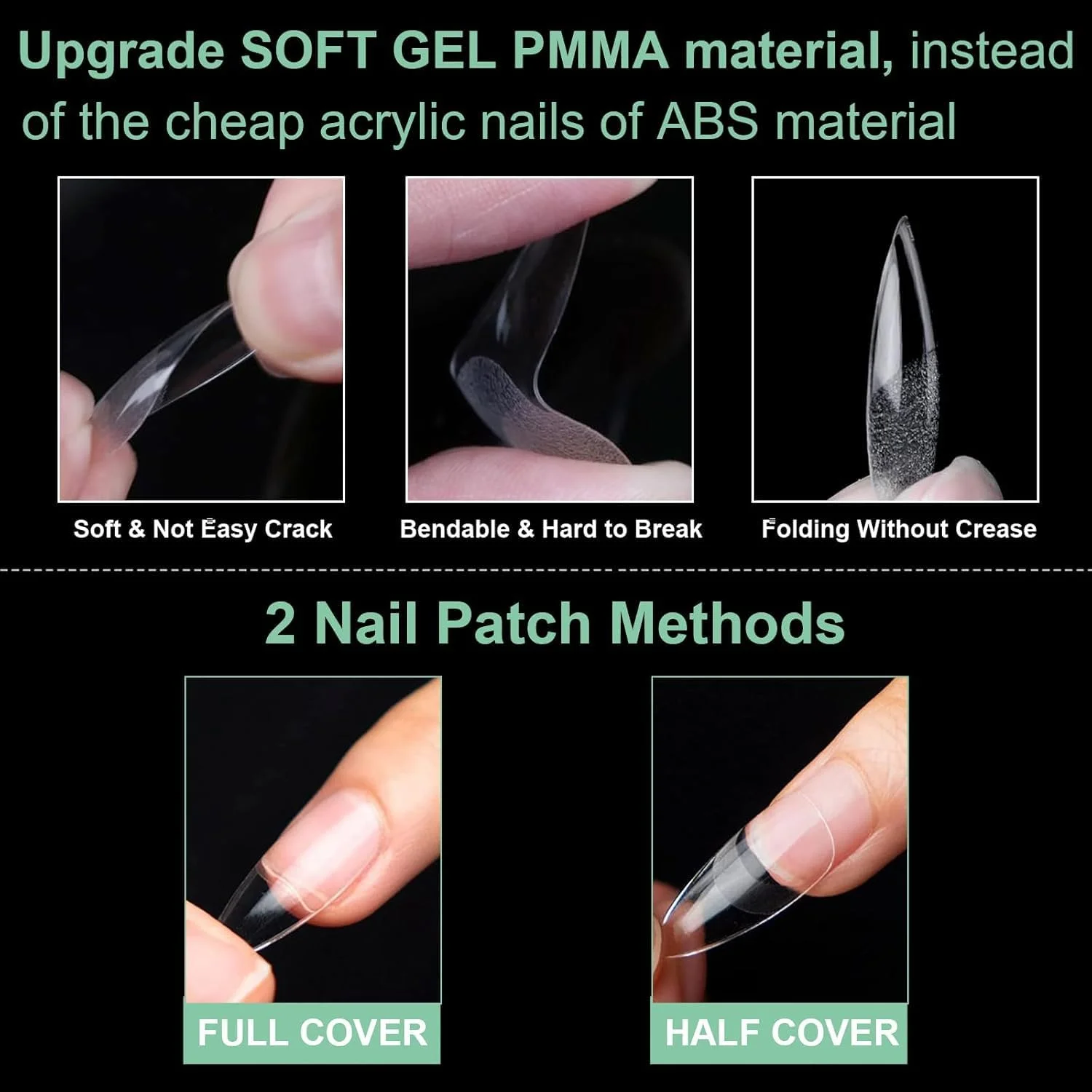 کیت تیپ ناخن ژله ای نرم، 504 عدد ناخن مصنوعی بادامی شفاف برای اکستنشن، ناخن های از پیش فرم داده شده نیمه مات پوشش کامل در 10 سایز، تیپ های ناخن اکریلیک بادوام و راحت برای طراحی ناخن در خانه و سالن