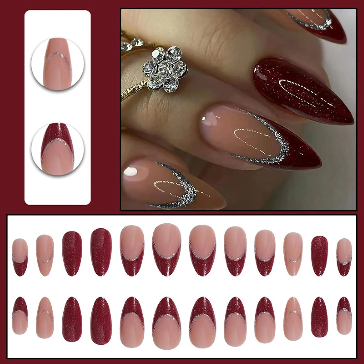 ۲۴ عدد ناخن مصنوعی بادامی بلند متوسط فرانسوی قرمز اکلیلی با طرح، چسب براق قابل جابجایی، ست با برچسب. ناخن های فشاری پوشش کامل براق برای خانم ها