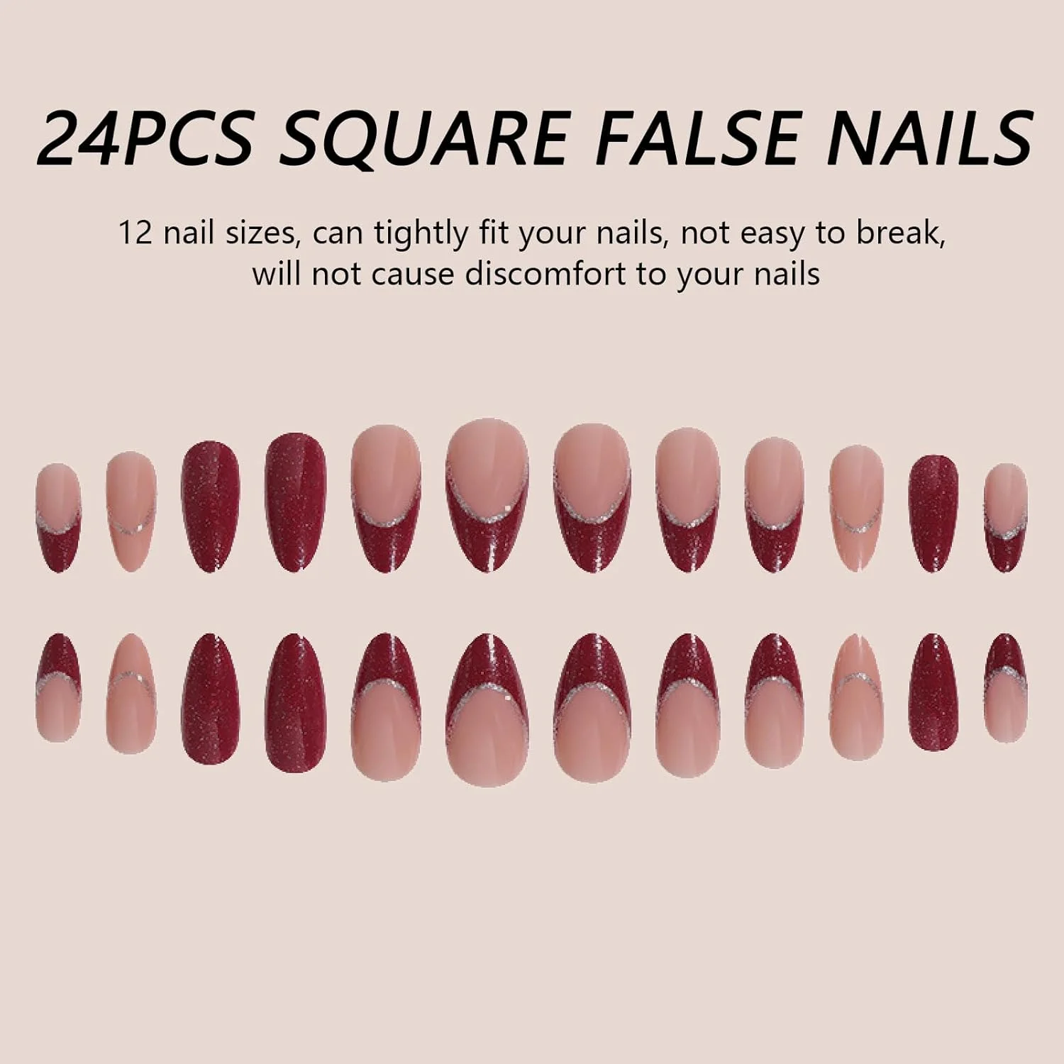 ۲۴ عدد ناخن مصنوعی بادامی بلند متوسط فرانسوی قرمز اکلیلی با طرح، چسب براق قابل جابجایی، ست با برچسب. ناخن های فشاری پوشش کامل براق برای خانم ها