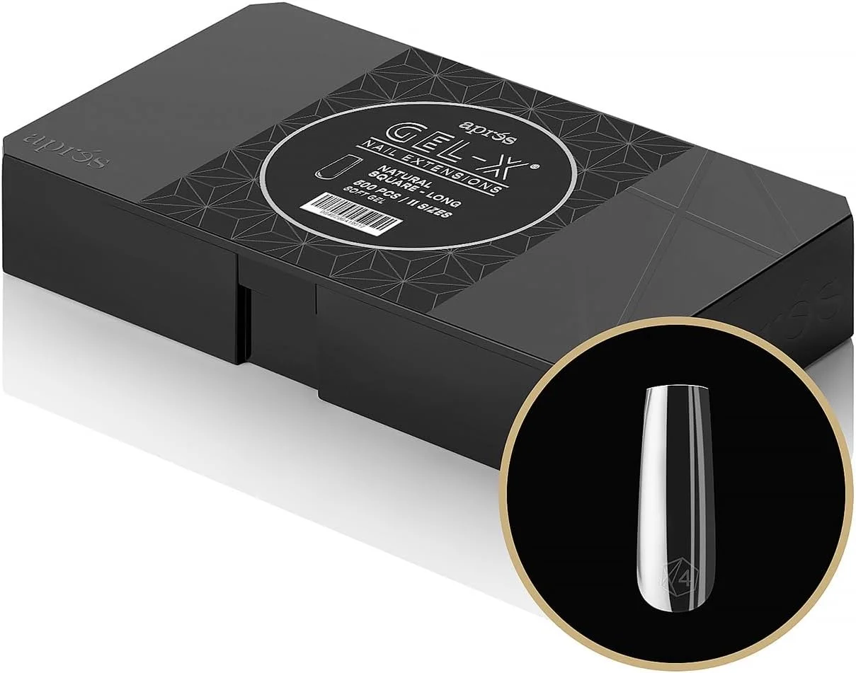 باکس تیپ های بلند مربعی طبیعی Aprés Gel-X® | شامل 500 عدد تیپ ژل ایکس، 11 سایز 00-9، کیفیت عالی