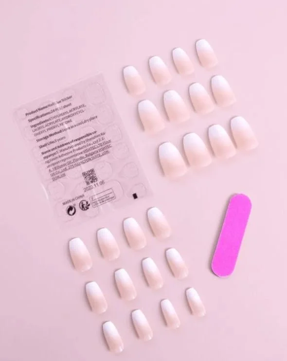 ناخن مصنوعی بادامی بلند با رنگ ثابت و براق، 24 عددی، مانیکور فرانسوی طبیعی متوسط، ناخن های اکریلیک مصنوعی با چسب