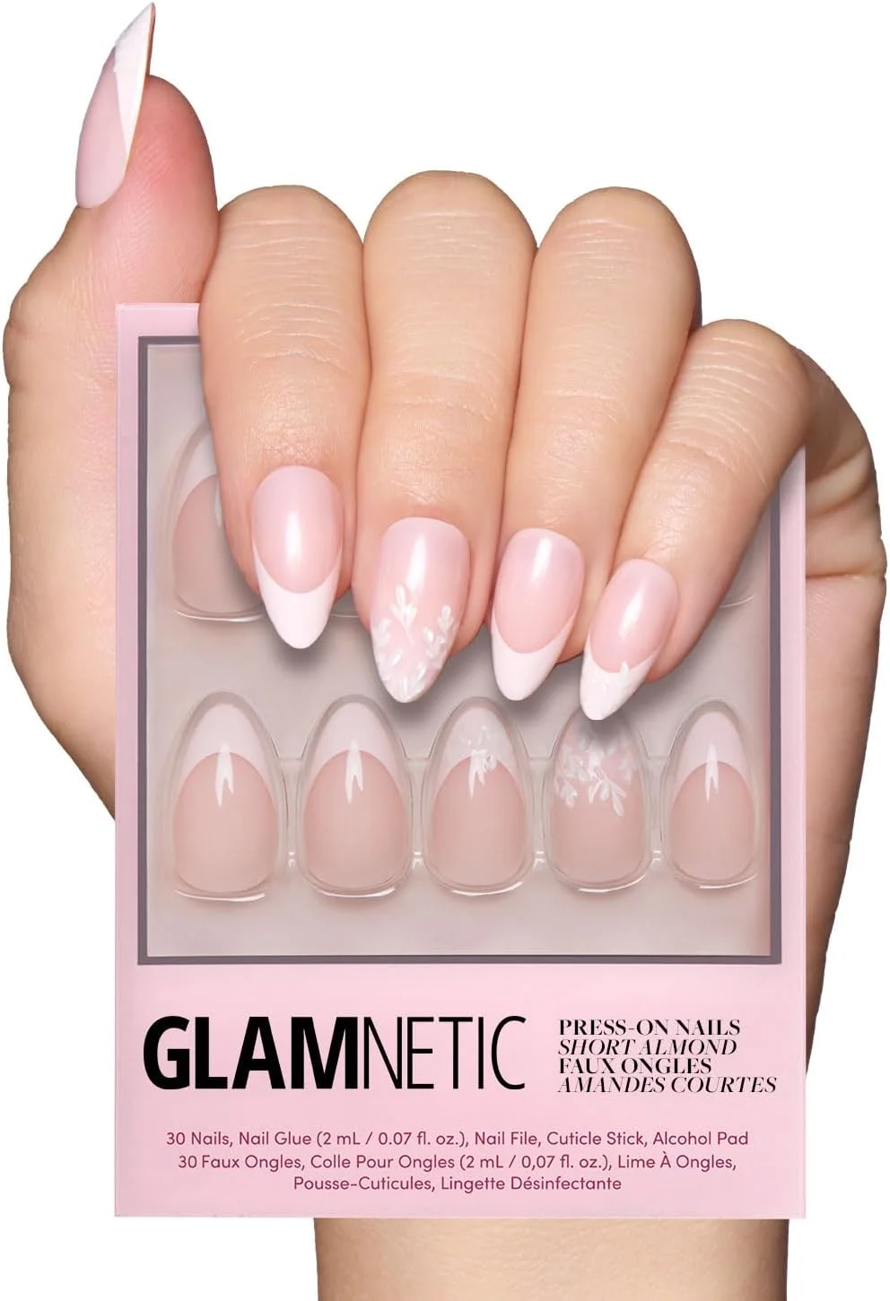 ناخن مصنوعی Glamnetic - مدل All Time Love | براق، نیمه شفاف، نوک فرانسوی بادامی کوتاه با طرح برگ، کیفیت سالنی | ۱۵ سایز - کیت ۳۰ عددی ناخن به همراه چسب