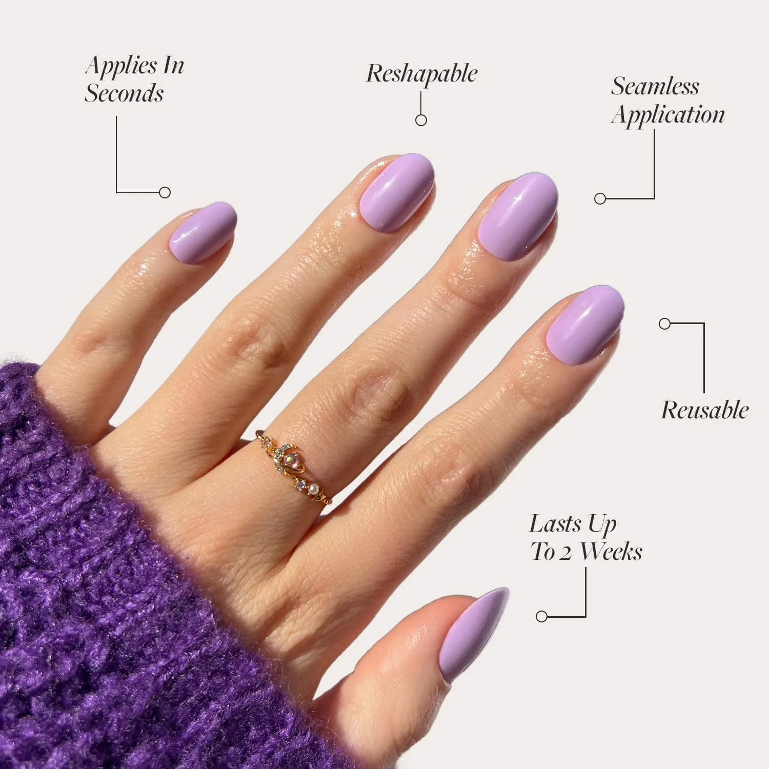 ناخن مصنوعی Glamnetic - یاسی | ناخن های گرد بنفش پاستلی روشن مات و یکدست، قابل استفاده مجدد | 12 سایز - کیت 30 عددی ناخن