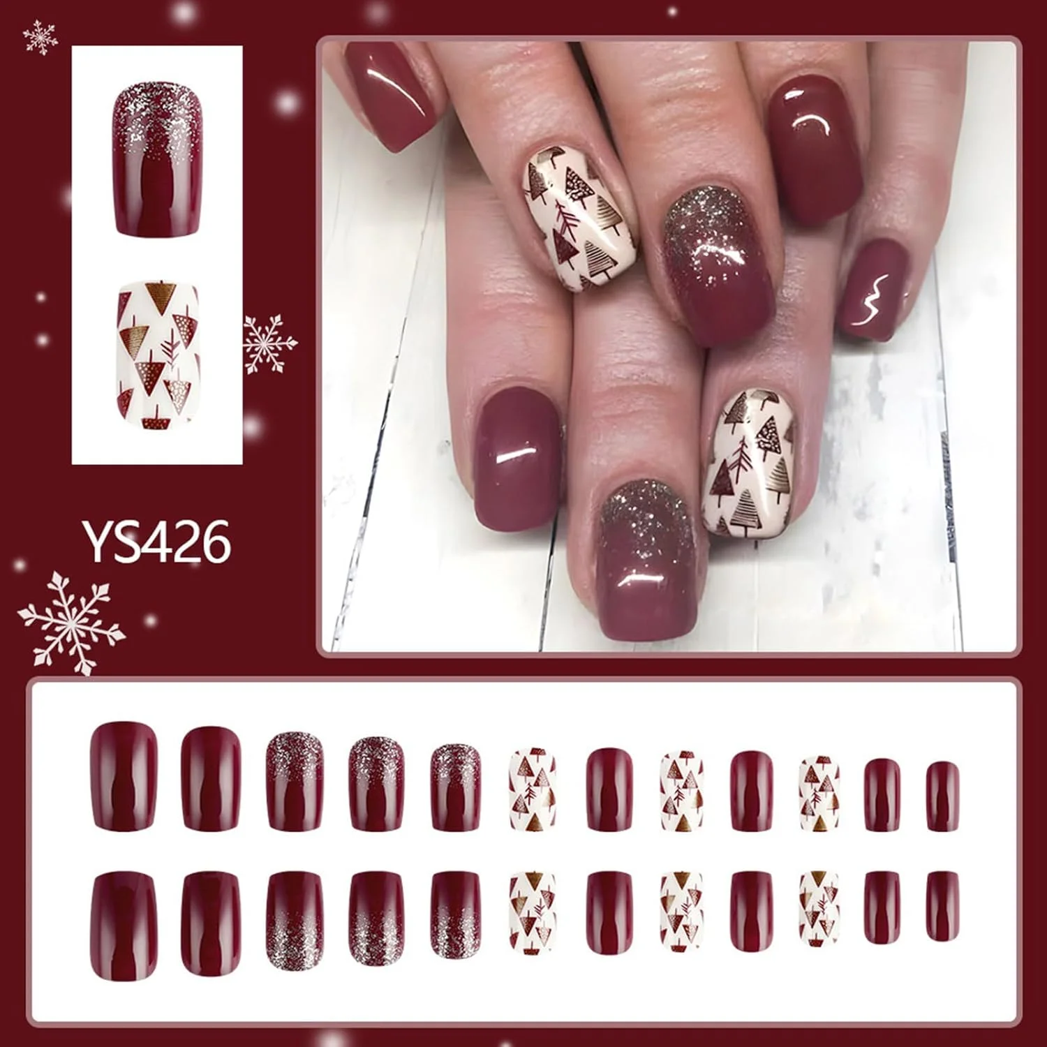 24 عدد ناخن مصنوعی اکلیلی چسبی طرح کریسمس، مربعی کوتاه، مناسب مانیکور زمستانی