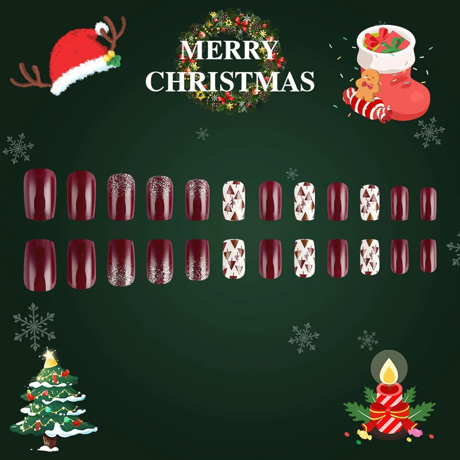 24 عدد ناخن مصنوعی اکلیلی چسبی طرح کریسمس، مربعی کوتاه، مناسب مانیکور زمستانی