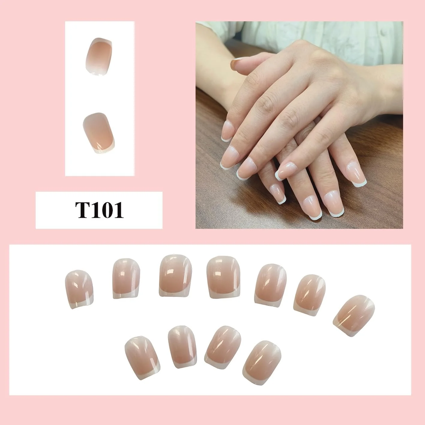 ناخن مصنوعی، 24 عدد ناخن مصنوعی فرانسوی، ناخن مصنوعی صورتی کالباسی کوتاه، ست ژل و چسب مانیکور