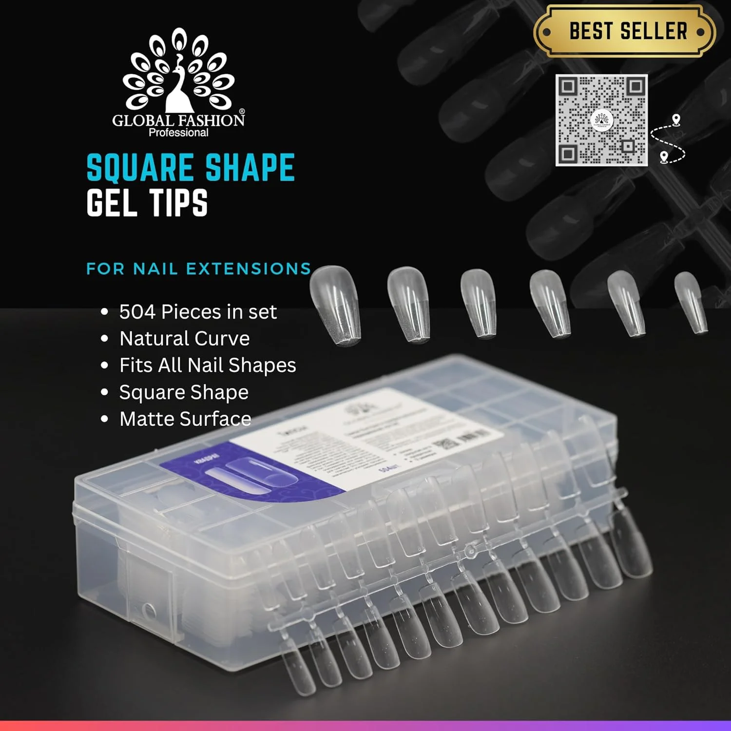 تیپ های ژل چند شکلی حرفه ای گلوبال فشن | 504 عدد | اکستنشن ناخن با ماندگاری طولانی و ظاهری طبیعی | (مربع)