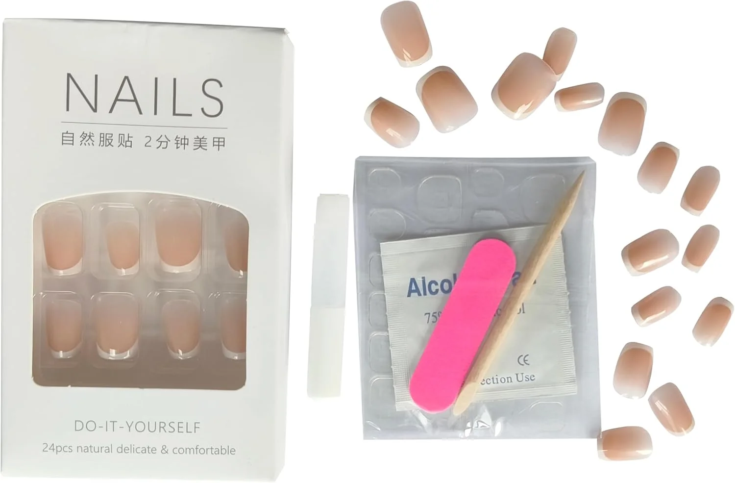 ناخن مصنوعی، 24 عدد ناخن مصنوعی فرانسوی، ناخن مصنوعی صورتی کالباسی کوتاه، ست ژل و چسب مانیکور