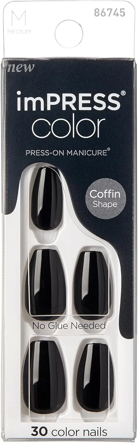 ناخن های چسبی imPRESS Kiss Color مدل Medium Coffin - مشکی یکدست IMC512C