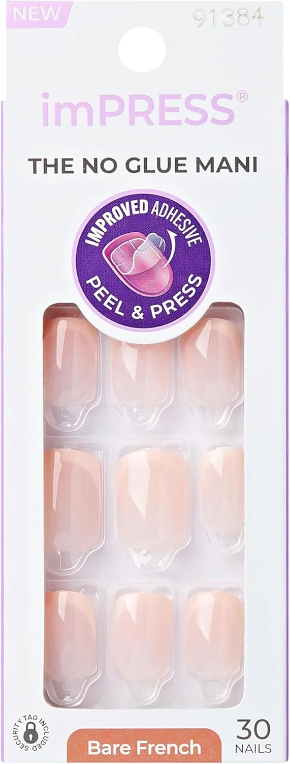 ناخن مصنوعی چسبی KISS imPRESS، فرانسوی، 'Heroic'، نوک سفید فرانسوی + رنگ خنثی روشن، سایز کوتاه، فرم بیضی-مربع، شامل 30 ناخن، پد آماده سازی، برگه راهنما، 1 چوب مانیکور، 1 سوهان کوچک