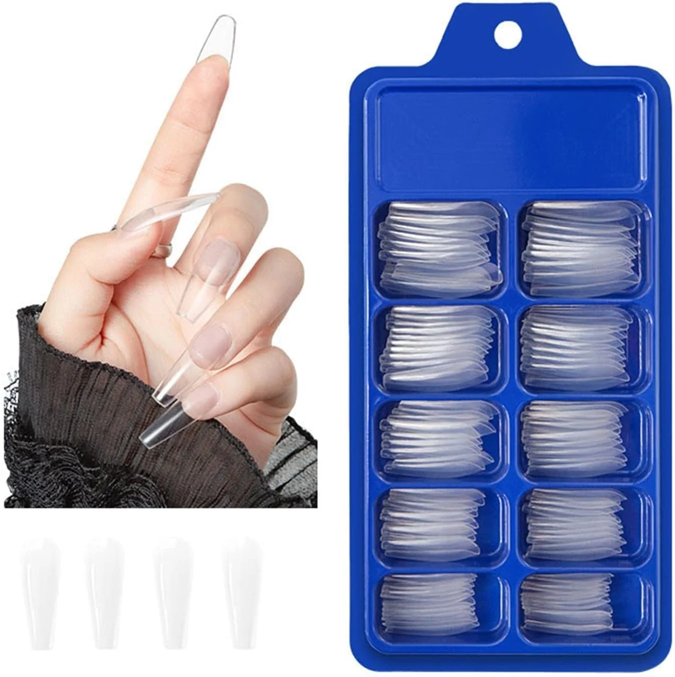 ناخن مصنوعی Joyzzz، ۱۰۰ عدد ناخن بلند تابوتی، پوشش کامل، نوک ناخن اکریلیک، ناخن مصنوعی شفاف برای زنان و دختران، کیفیت سالنی، اکستنشن ناخن DIY در خانه