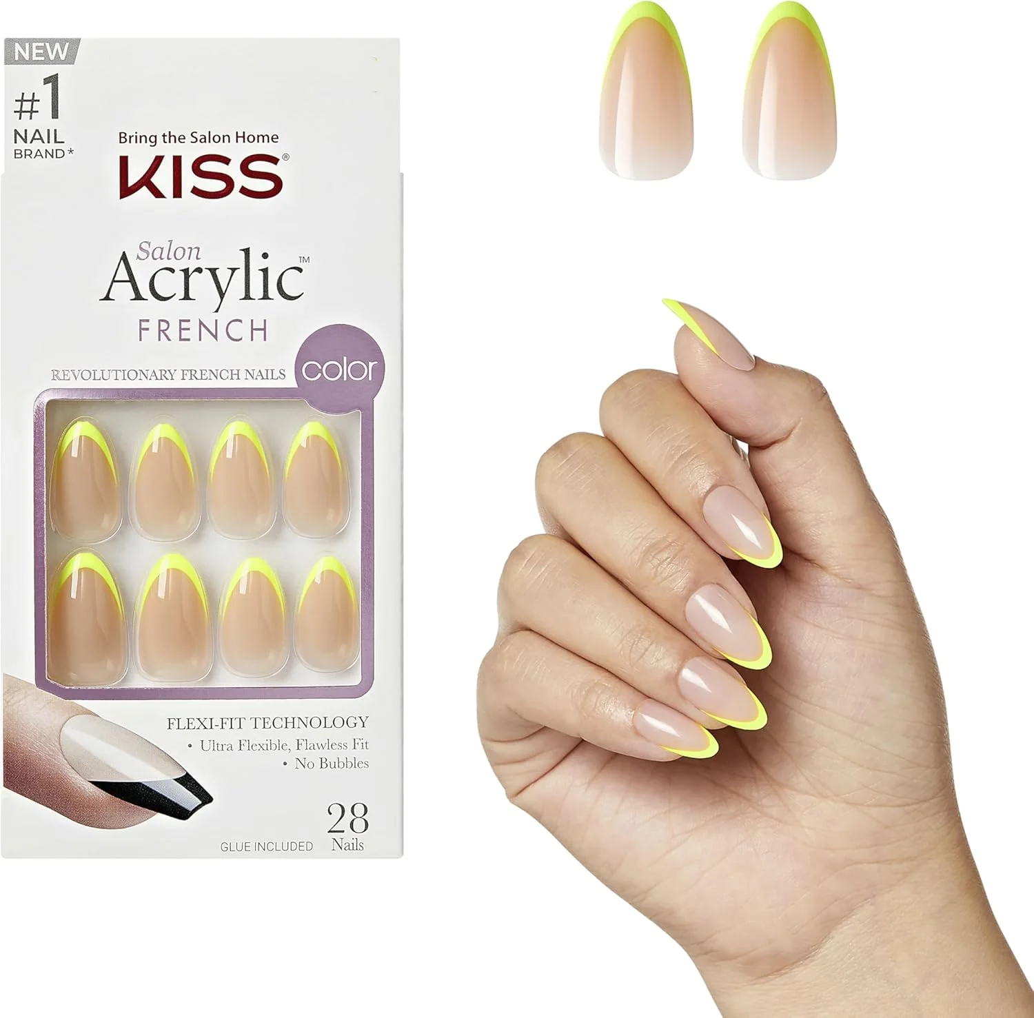 ناخن مصنوعی فرنچ رنگی سالنی کیس، مدل ‘Hype’، زرد نئونی، بادامی متوسط، 31 عددی