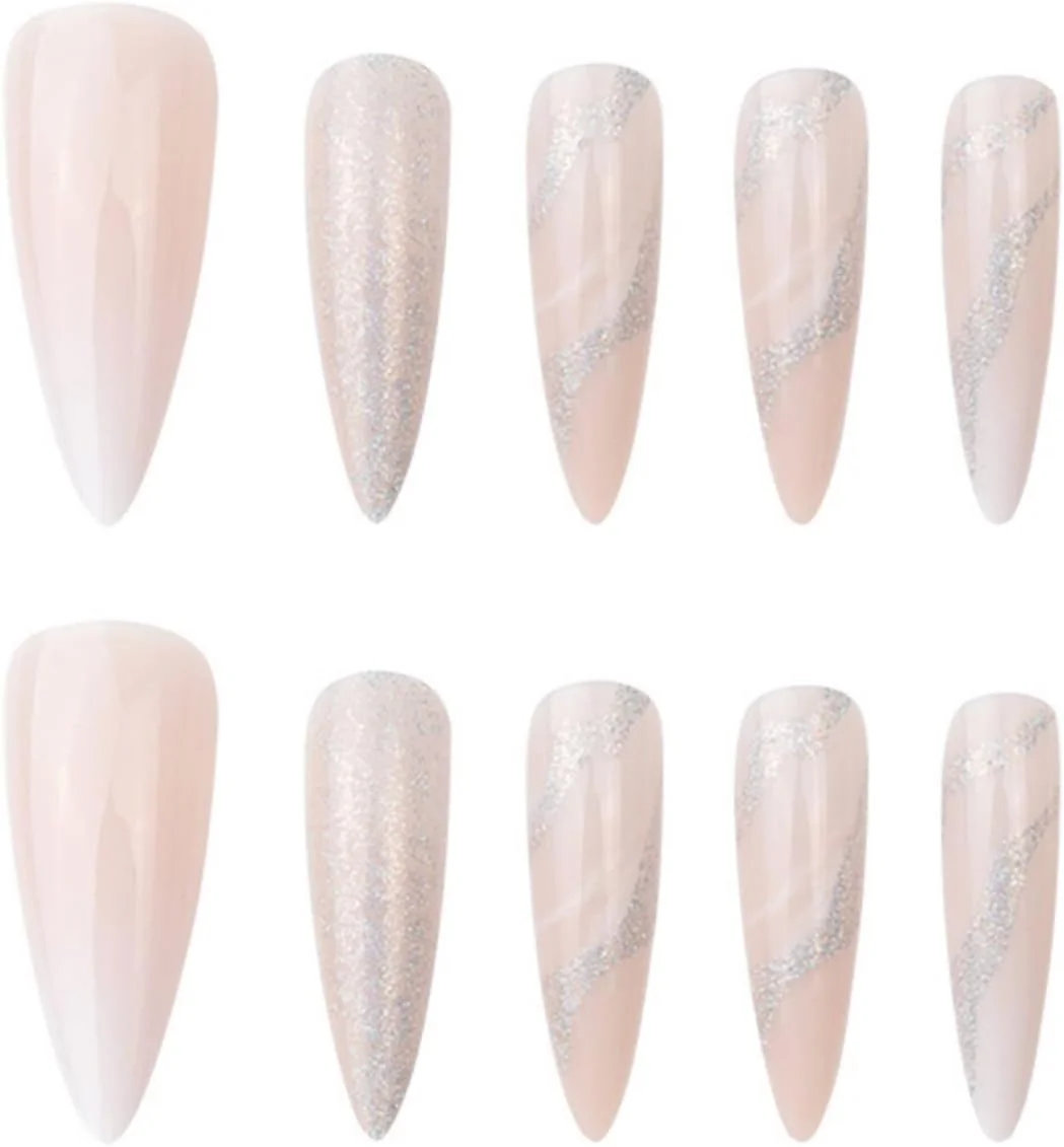 ناخن مصنوعی بلند طرح سنگ مرمر استیلتو 24 عددی، ناخن های طرح دار هلویی فرانسوی، ناخن بادامی چسبی زیبا با طرح چرخان برای زنان، ناخن مصنوعی اکریلیک بسیار بلند برای طراحی ناخن