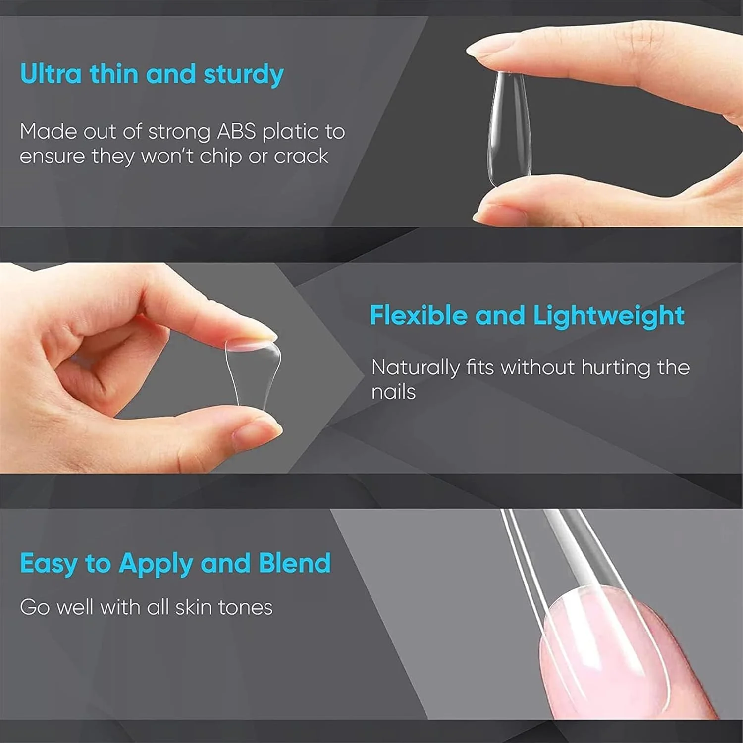 ناخن مصنوعی Joyzzz، ۱۰۰ عدد ناخن بلند تابوتی، پوشش کامل، نوک ناخن اکریلیک، ناخن مصنوعی شفاف برای زنان و دختران، کیفیت سالنی، اکستنشن ناخن DIY در خانه