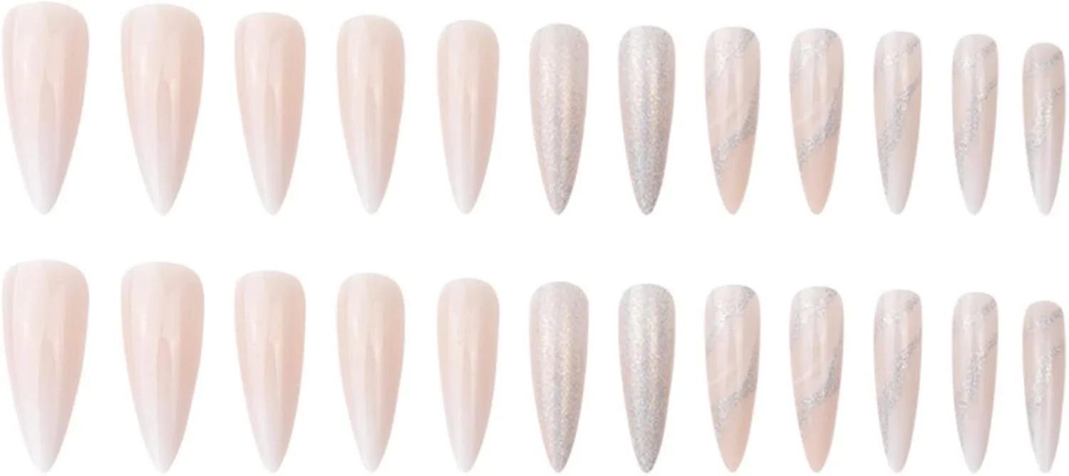 ناخن مصنوعی بلند طرح سنگ مرمر استیلتو 24 عددی، ناخن های طرح دار هلویی فرانسوی، ناخن بادامی چسبی زیبا با طرح چرخان برای زنان، ناخن مصنوعی اکریلیک بسیار بلند برای طراحی ناخن