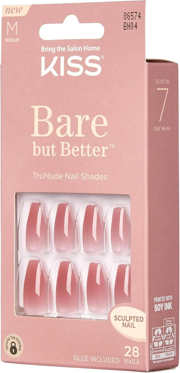 ناخن مصنوعی KISS Bare But Better TruNude، طیف رنگی برهنه، ست مانیکور، 'Nude Nude'، 28 عدد، ضد لک و ترک، ناخن های چسبی