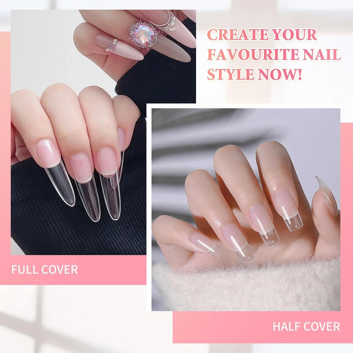 تیپ ناخن مربعی، 500 عدد تیپ ناخن پوشش کامل برای زنان و دختران، تاپ ناخن شفاف ABS در 10 سایز، تیپ ناخن برای کاشت ناخن، طراحی ناخن DIY