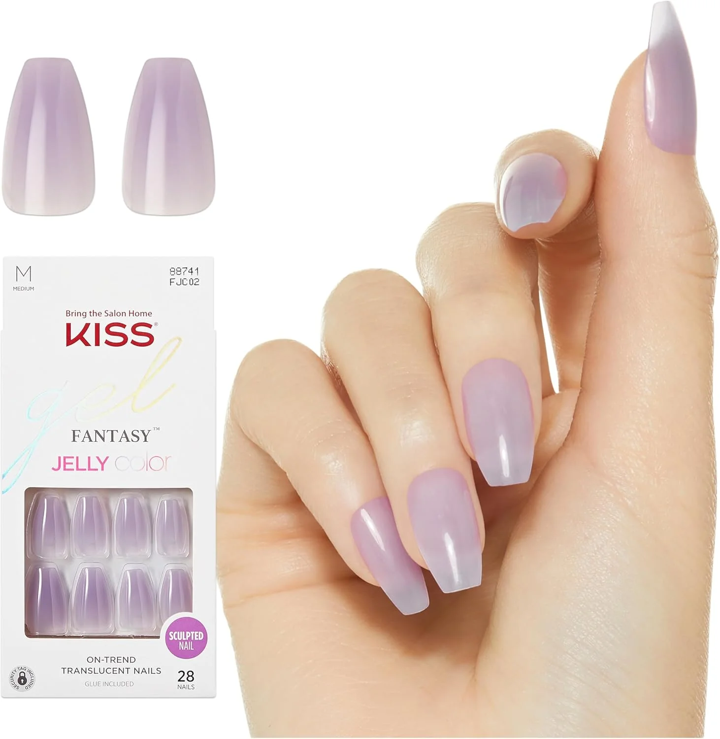 ناخن مصنوعی ژله ای KISS، چسب ناخن همراه دارد، Quince Jelly، بنفش، سایز متوسط، مدل تابوتی، شامل 28 ناخن، چسب 2 گرمی، یک چوب مانیکور، یک سوهان کوچک