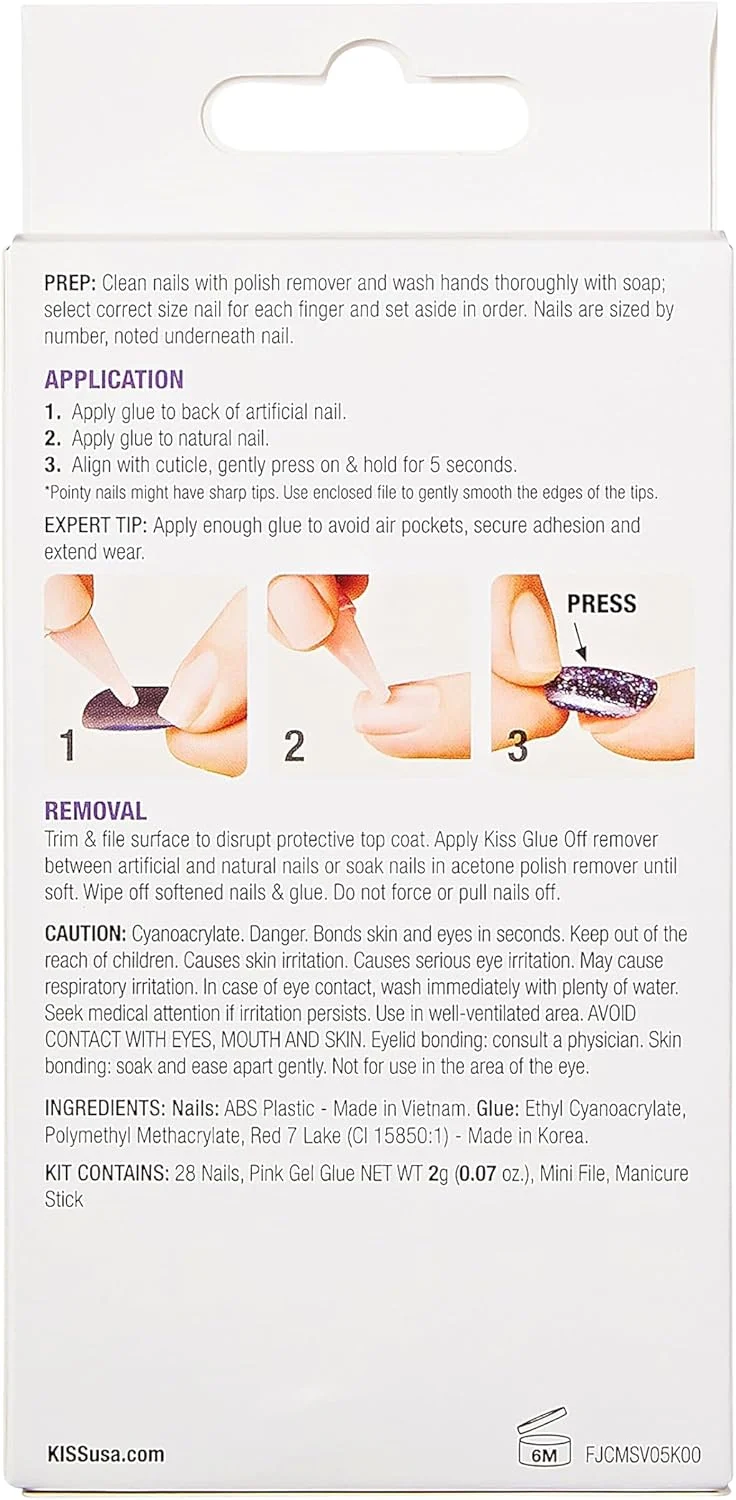 ناخن مصنوعی ژله ای KISS، چسب ناخن همراه دارد، Quince Jelly، بنفش، سایز متوسط، مدل تابوتی، شامل 28 ناخن، چسب 2 گرمی، یک چوب مانیکور، یک سوهان کوچک