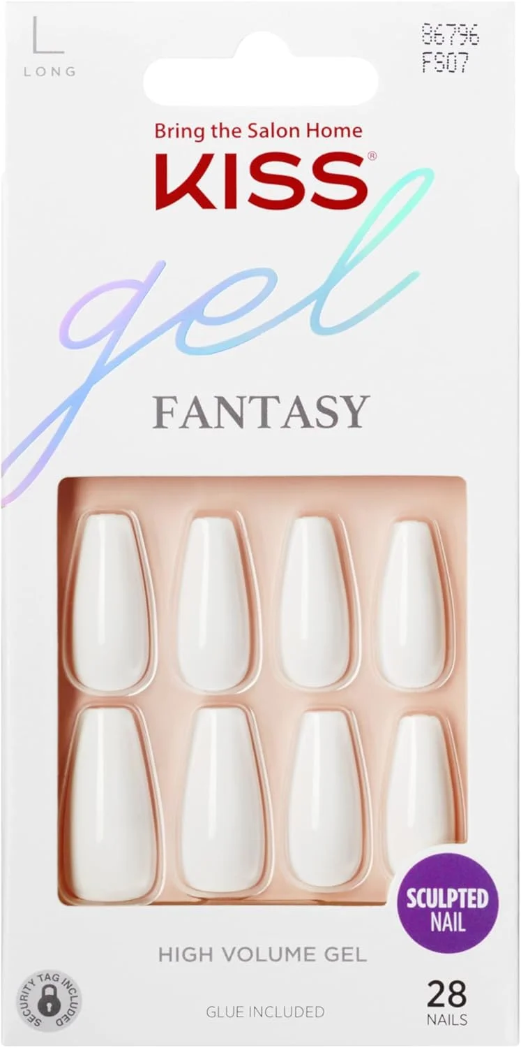 ناخن مصنوعی ژلی KISS، شامل چسب ناخن، رنگ واقعی، سفید، سایز بلند، مدل تابوتی، شامل 28 ناخن، چسب 2 گرمی، 1 چوب مانیکور، 1 سوهان کوچک