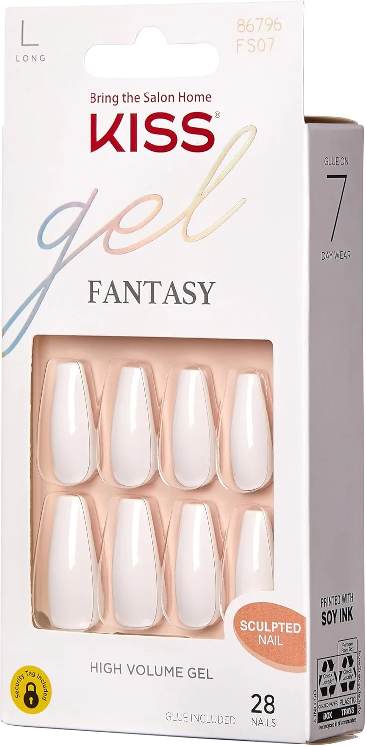 ناخن مصنوعی ژلی KISS، شامل چسب ناخن، رنگ واقعی، سفید، سایز بلند، مدل تابوتی، شامل 28 ناخن، چسب 2 گرمی، 1 چوب مانیکور، 1 سوهان کوچک