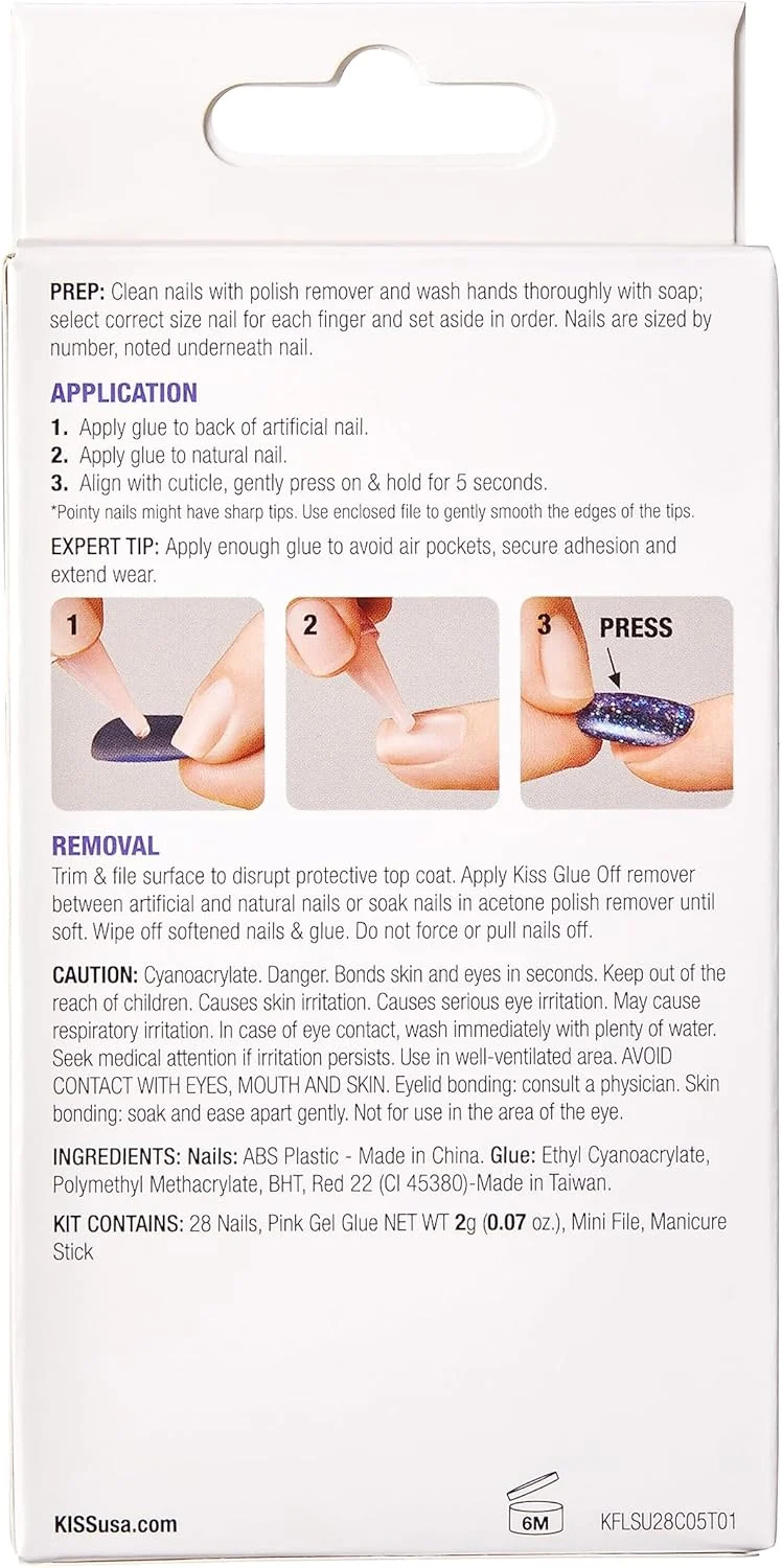 ناخن مصنوعی ژلی KISS، شامل چسب ناخن، رنگ واقعی، سفید، سایز بلند، مدل تابوتی، شامل 28 ناخن، چسب 2 گرمی، 1 چوب مانیکور، 1 سوهان کوچک