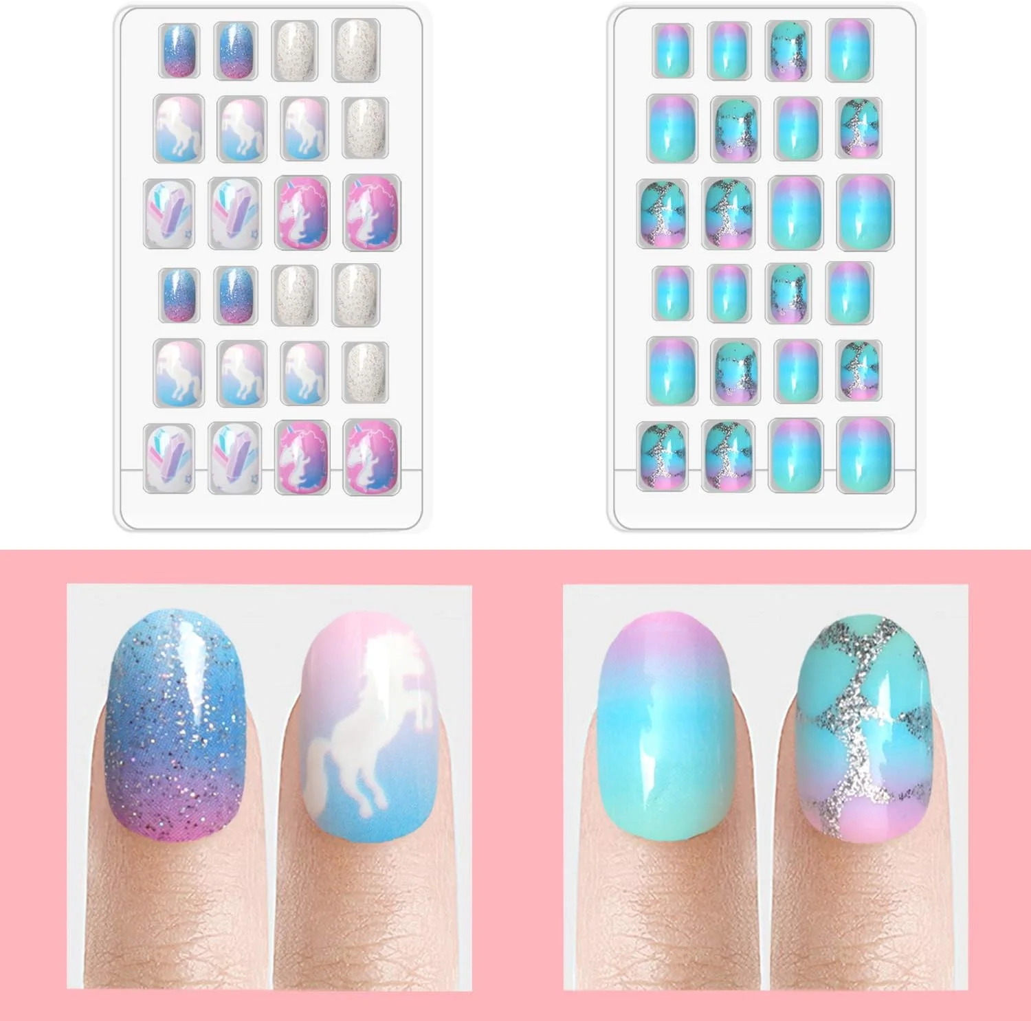 لازا (120 عدد (بسته 1 عددی)، مروارید نقره ای) - 120 عدد ناخن مصنوعی چسب دار مخصوص کودکان، پوشش کامل، اکلیلی، رنگین کمانی، کوتاه، هدیه کریسمس دوست داشتنی