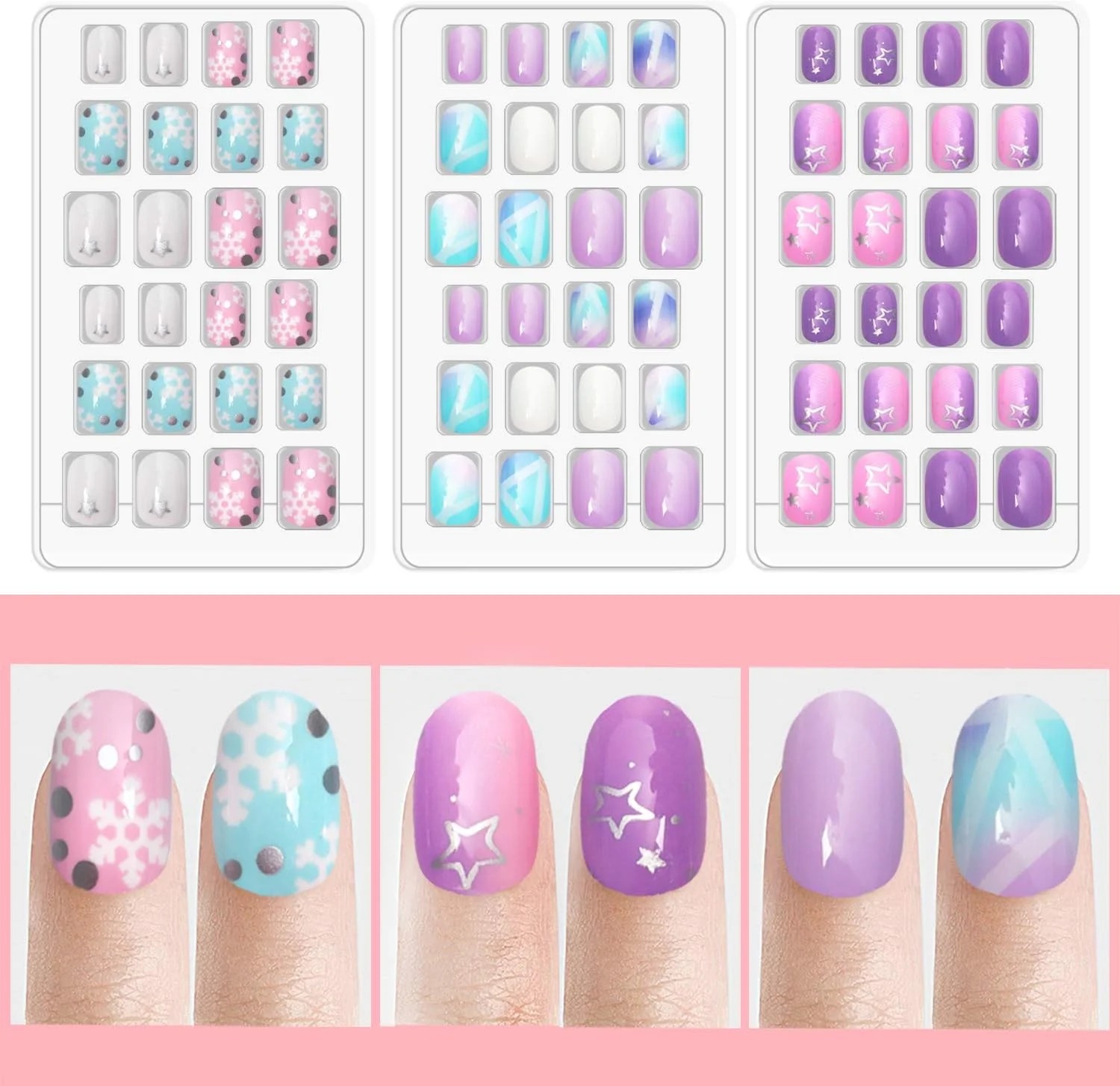 لازا (120 عدد (بسته 1 عددی)، مروارید نقره ای) - 120 عدد ناخن مصنوعی چسب دار مخصوص کودکان، پوشش کامل، اکلیلی، رنگین کمانی، کوتاه، هدیه کریسمس دوست داشتنی