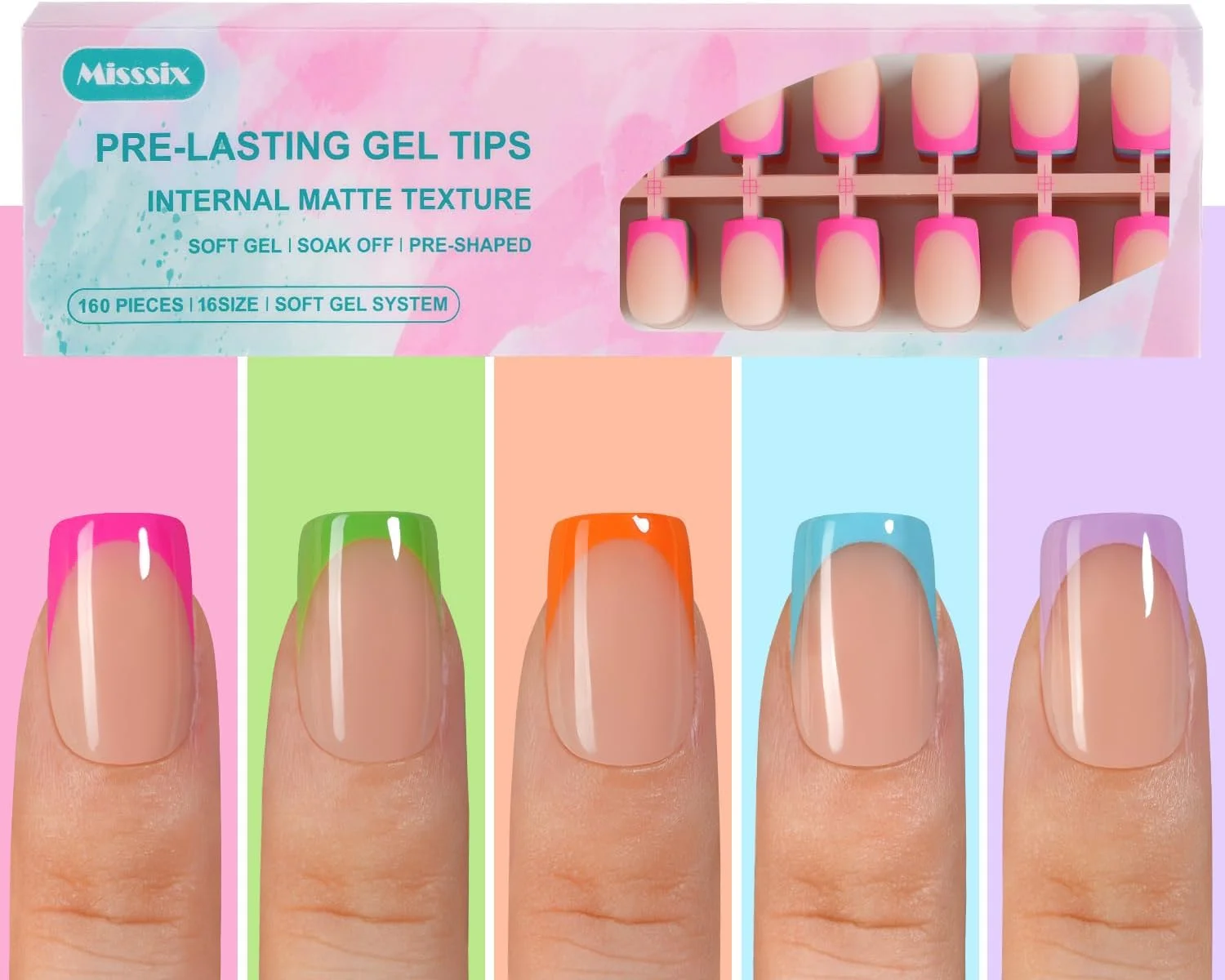 تیپ ناخن ژلی فرانسوی Misssix، ۱۶۰ عدد تیپ ناخن فرانسوی چسبی مربعی کوتاه، بدون نیاز به سوهان کشی، ناخن مصنوعی برای طراحی ناخن DIY در ۱۶ سایز تیپ ناخن ژلی فرانسوی Misssix، ۱۶۰ عدد تیپ ناخن فرانسوی چسبی مربعی کوتاه، بدون نیاز به سوهان کشی، ناخن مصنوعی برای طراحی ناخن DIY در ۱۶ سایز