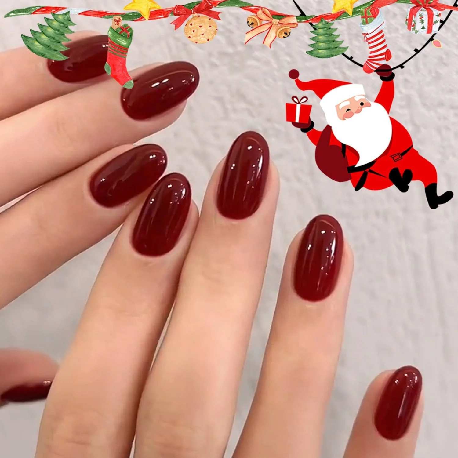ناخن مصنوعی کریسمس مدلونز، 32 عدد در 16 سایز مختلف، ناخن های بیضی شکل کوتاه با چسب ناخن، برچسب های چسبی، سوهان ناخن، پد تمیز کننده، ابزار مانیکور، قرمز گیلاسی