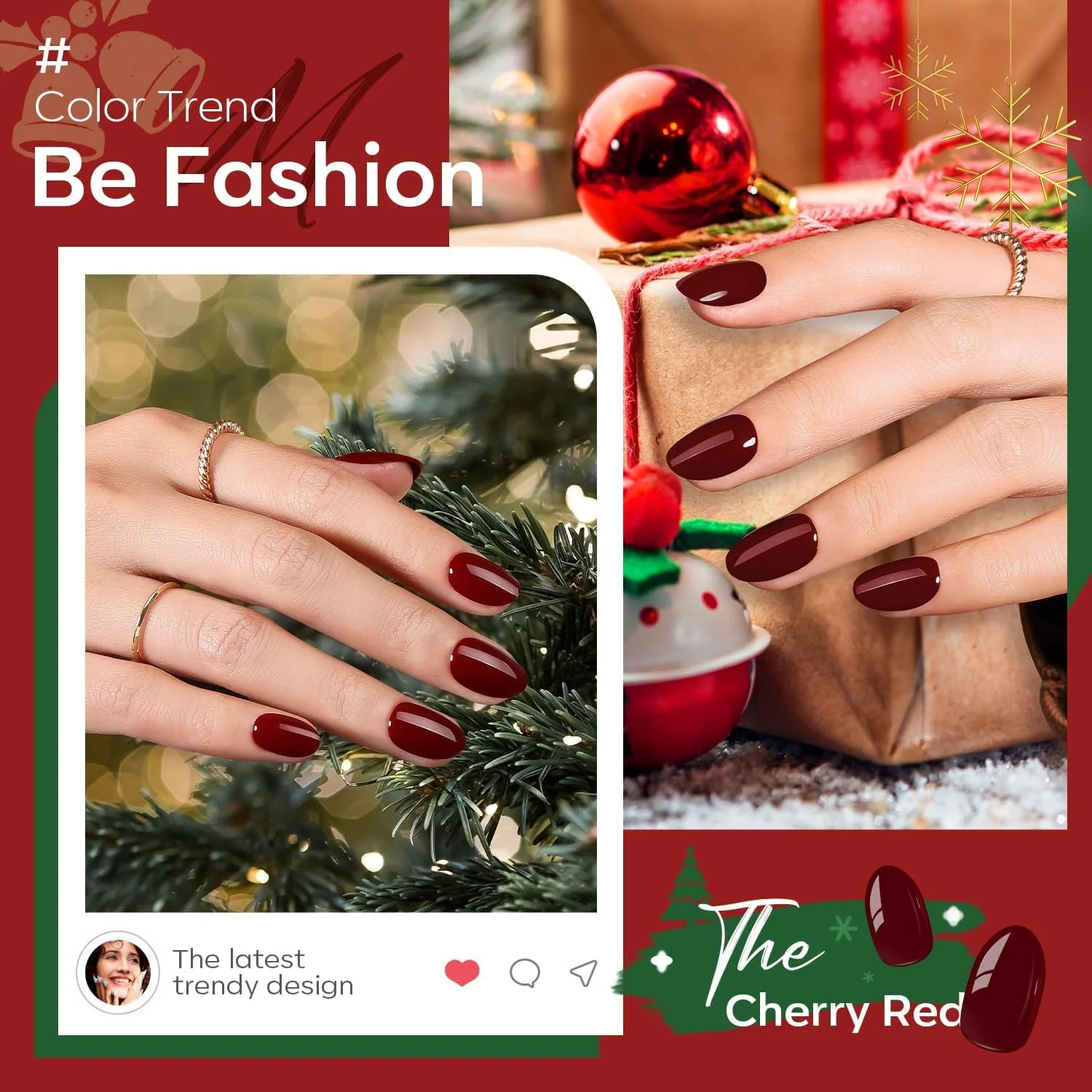 ناخن مصنوعی کریسمس مدلونز، 32 عدد در 16 سایز مختلف، ناخن های بیضی شکل کوتاه با چسب ناخن، برچسب های چسبی، سوهان ناخن، پد تمیز کننده، ابزار مانیکور، قرمز گیلاسی