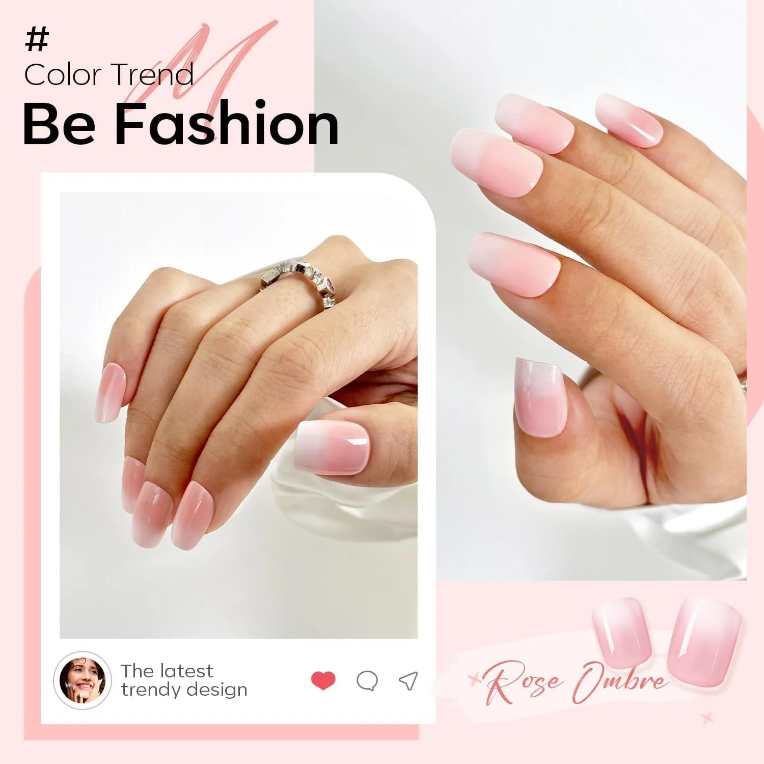 ناخن مصنوعی آمبره صورتی Modelones - ست هدیه ناخن مربعی کوتاه بهاری با چسب و سوهان، 32 عددی