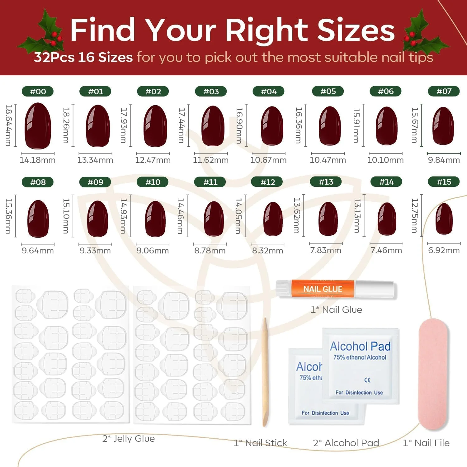 ناخن مصنوعی کریسمس مدلونز، 32 عدد در 16 سایز مختلف، ناخن های بیضی شکل کوتاه با چسب ناخن، برچسب های چسبی، سوهان ناخن، پد تمیز کننده، ابزار مانیکور، قرمز گیلاسی
