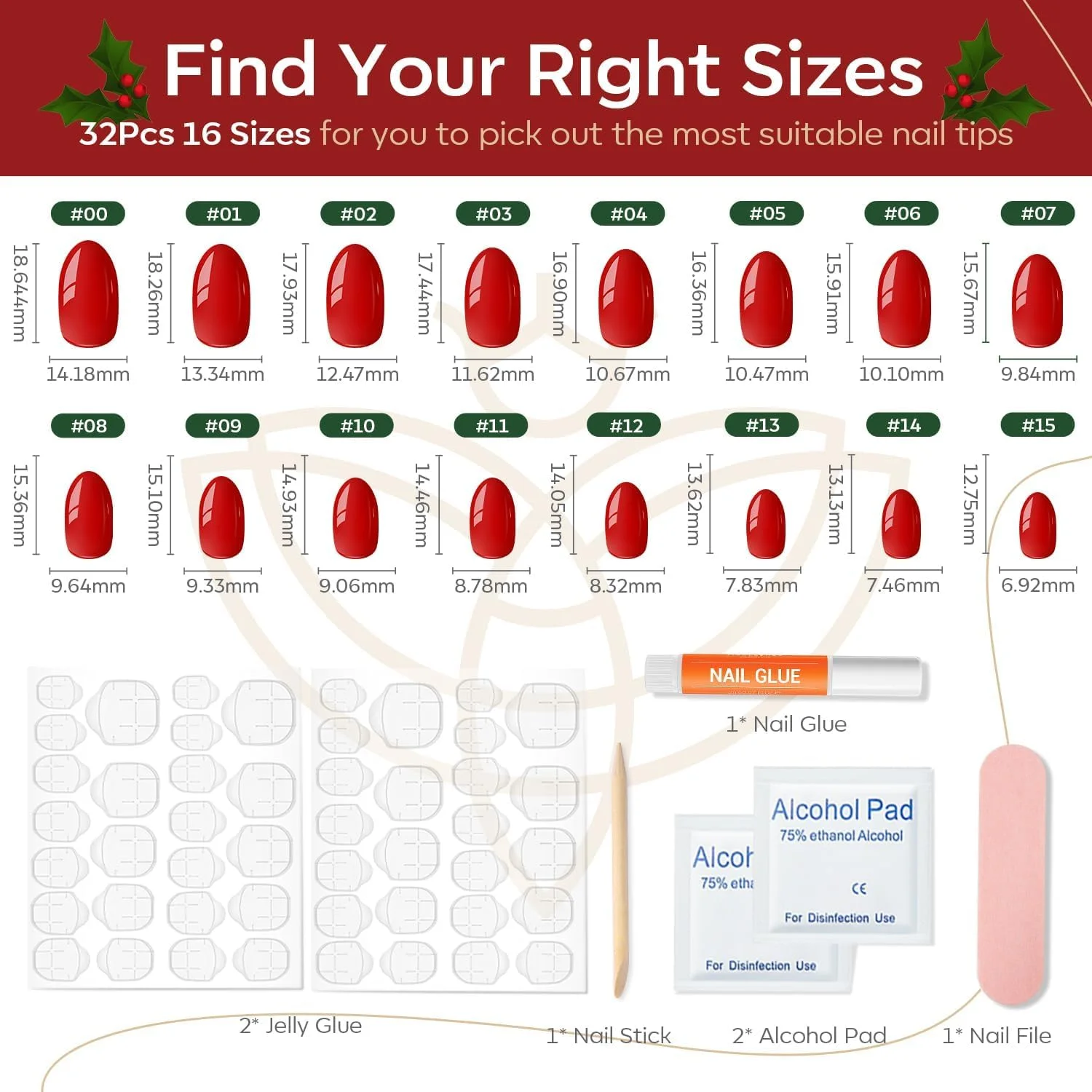 ناخن مصنوعی کریسمس مدلونز، 32 عدد در 16 سایز مختلف، ناخن های بیضی شکل کوتاه با چسب ناخن، برچسب های چسبی، سوهان ناخن، پد تمیز کننده، ابزار مانیکور، قرمز واقعی
