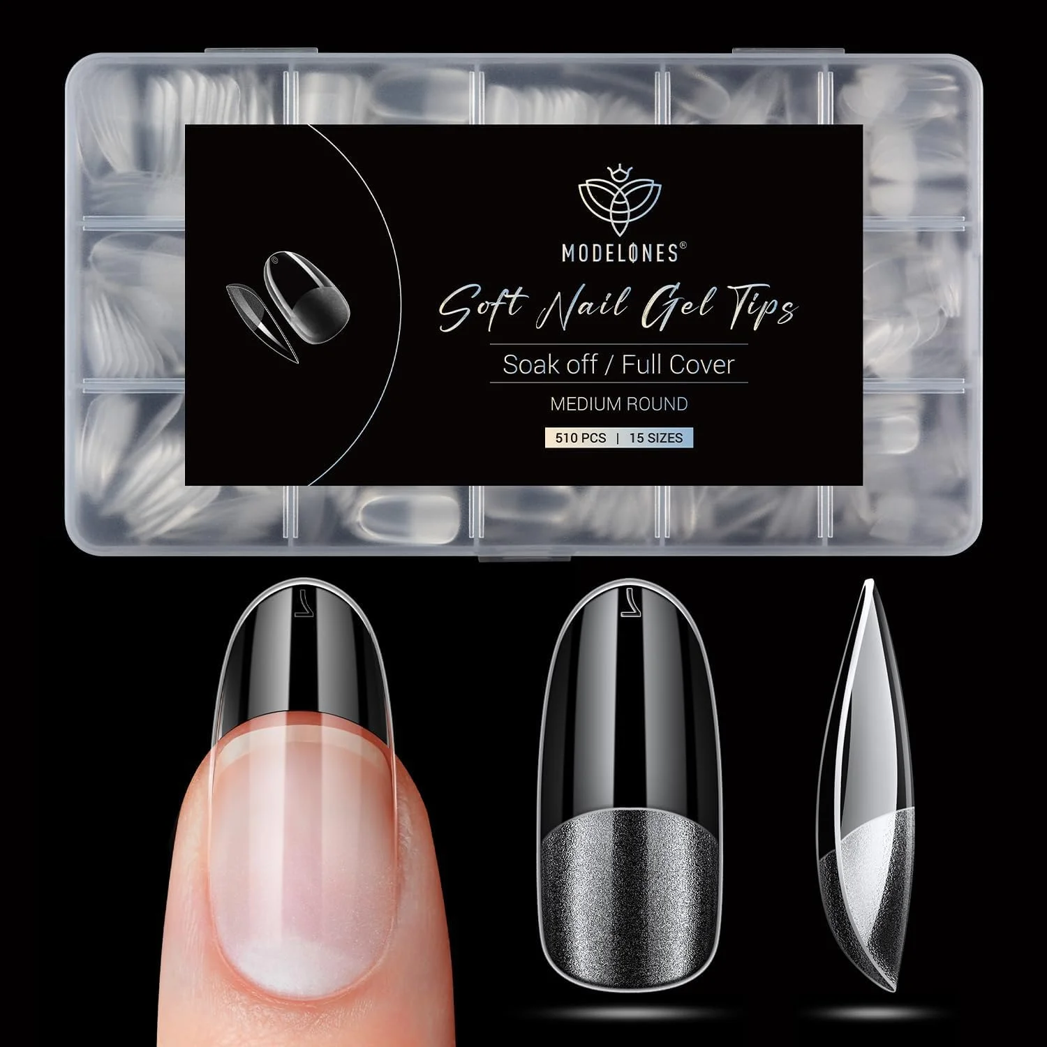 نکات ناخن مصنوعی بیضی گرد متوسط Modelones - 510 عدد نوک ژلی نیمه مات از پیش شکل داده شده پوشش کامل ژل اکریلیک شفاف ناخن های مصنوعی برای اکستنشن DIY سالن 15 سایز